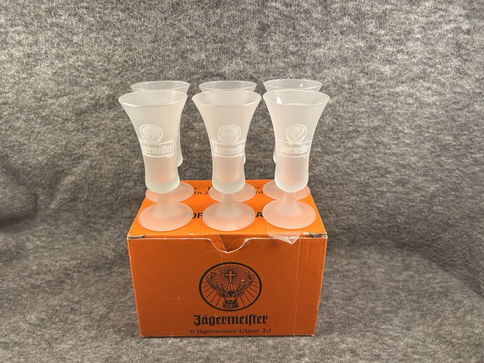 New Boxed Set of 6 Jagermeister Frosted Footed Shot Glasses 2cl Barware Stemmed