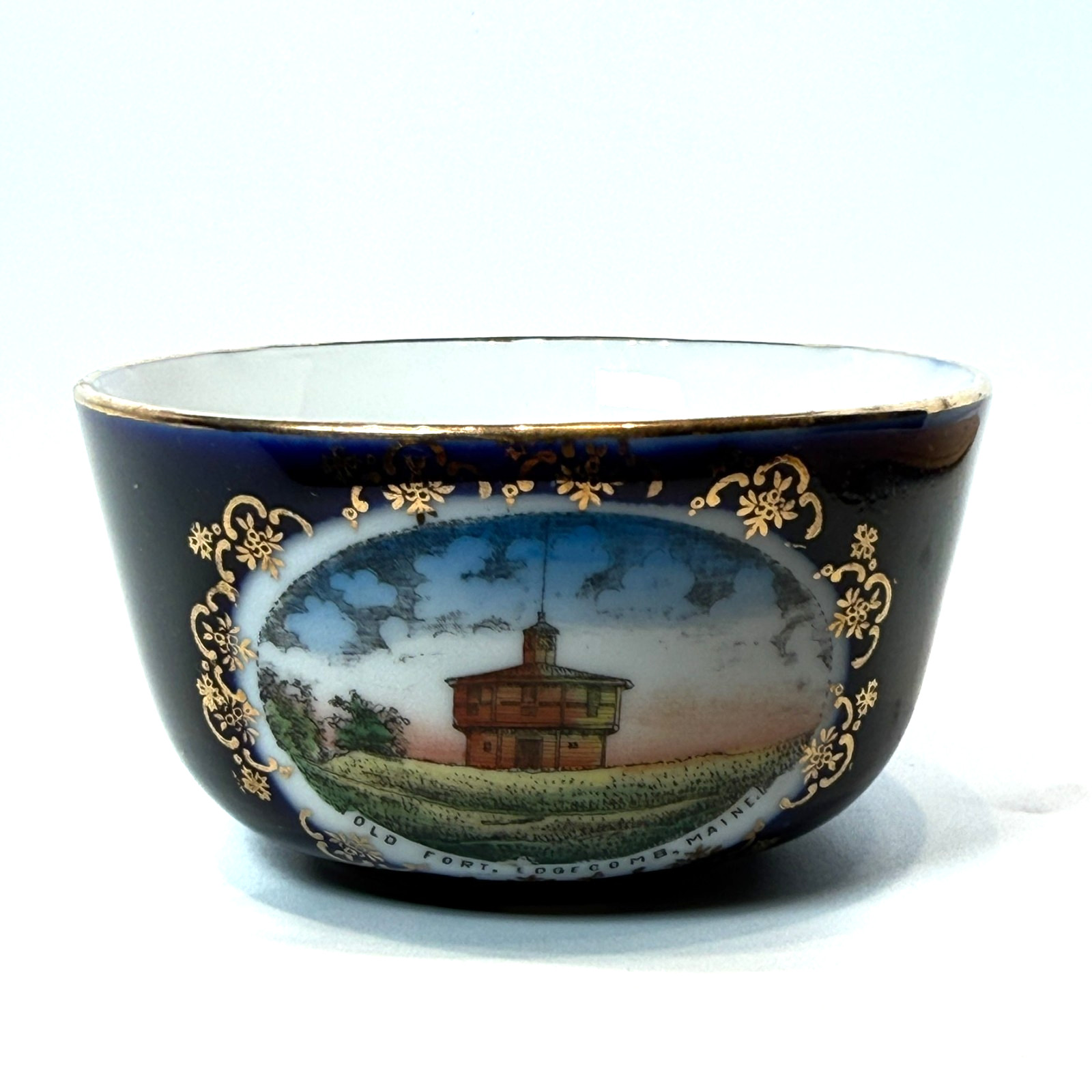 EDGECOMB - OLD FORT - MAINE ME Antique Souvenir China TRINKET COBALT 