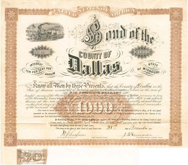 Bond of the County of Dallas - Railroad Bonds