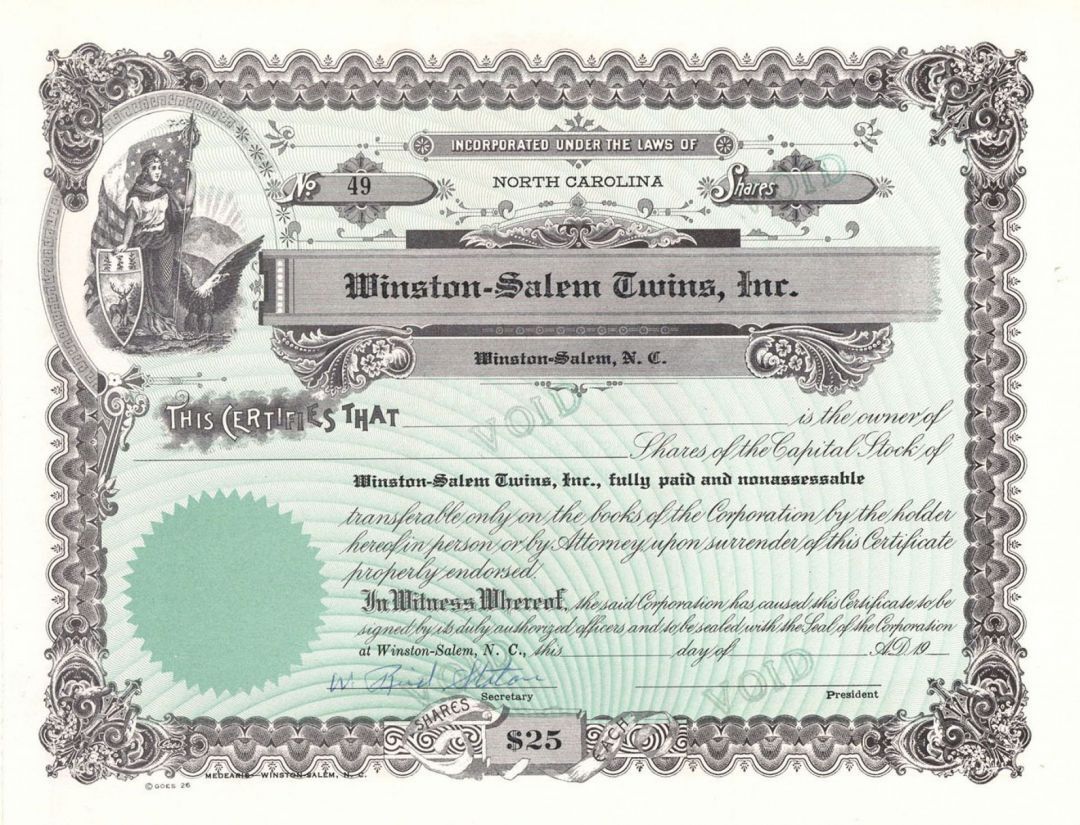 Winston-Salem Twins, Inc. - Unissued Stock Certificate - Sports Stocks & Bonds