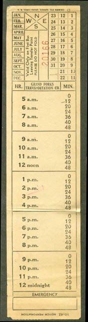 Grand Forks Transportation Co bus transfer ND 1942