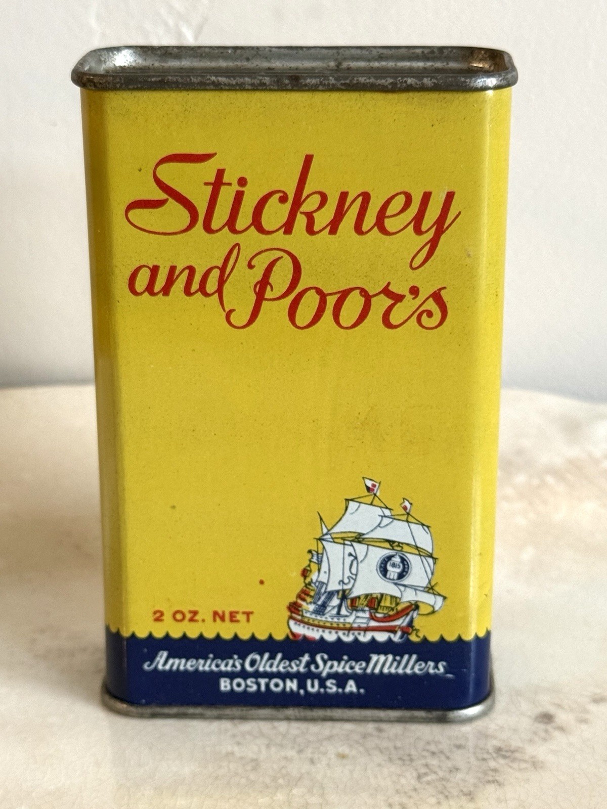 Vintage Stickney & Poor’s 2 Oz Advertising Tin Yellow Boston MA Litho Can