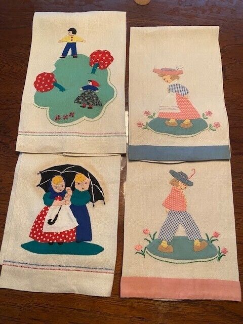 Eye-catching Designs Hand Stitched Linen Guest Towels - Set of 4