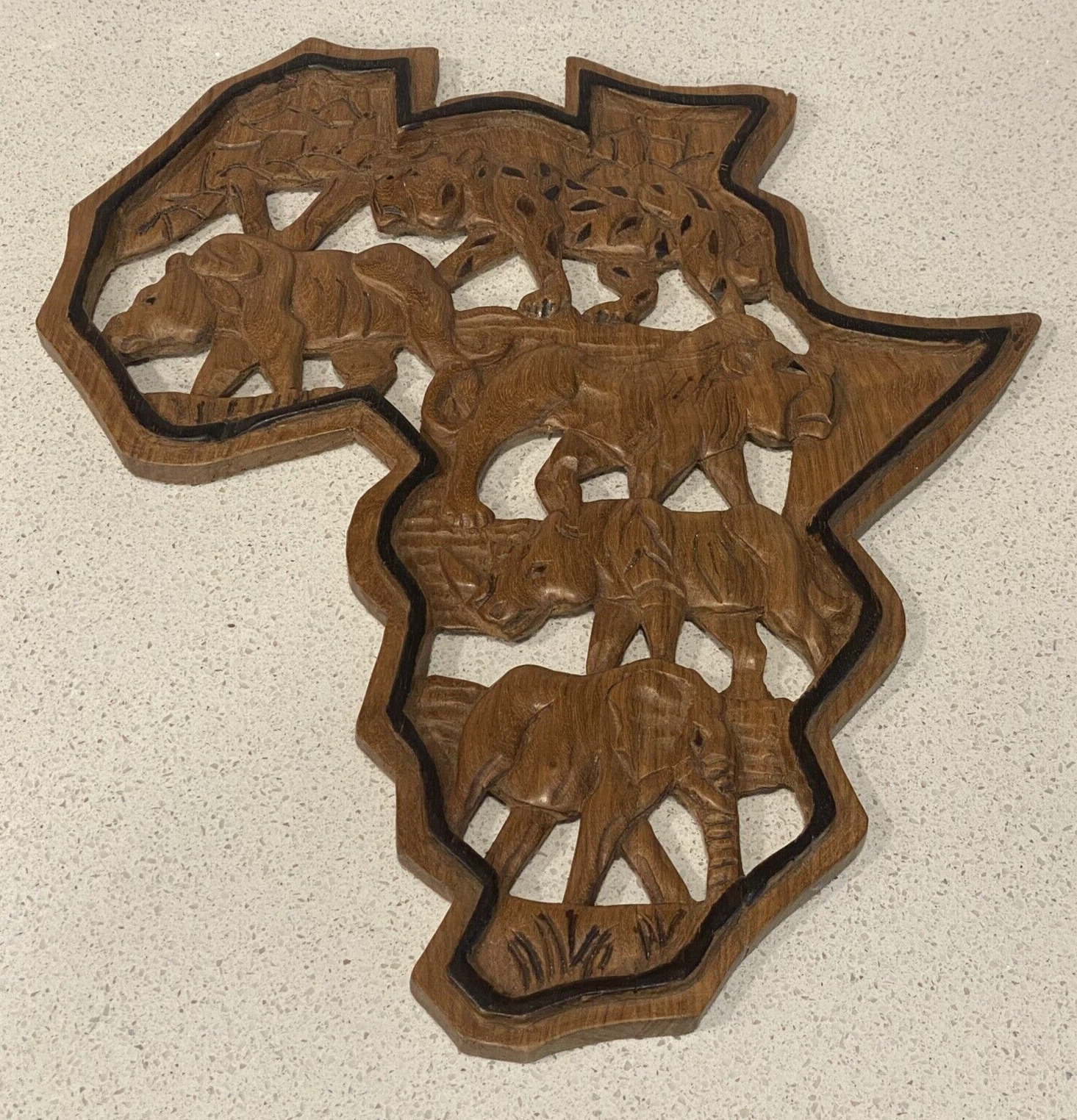 VTG Hand Carved Wood Africa Continent Wall Hanging Artwork Animals Lion Elephant