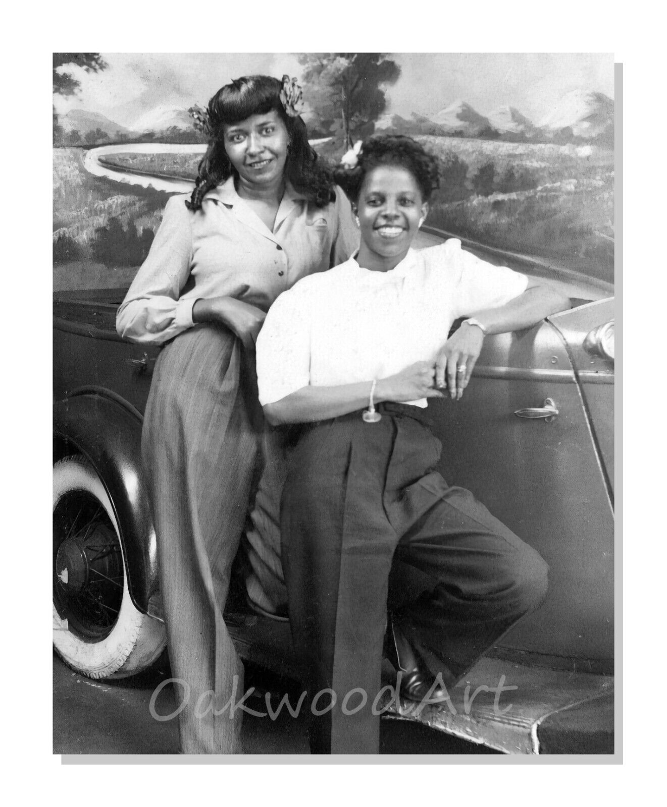 Two Friends Leaning on a Car - Studio Portrait c1940s - Vintage Photo Reprint