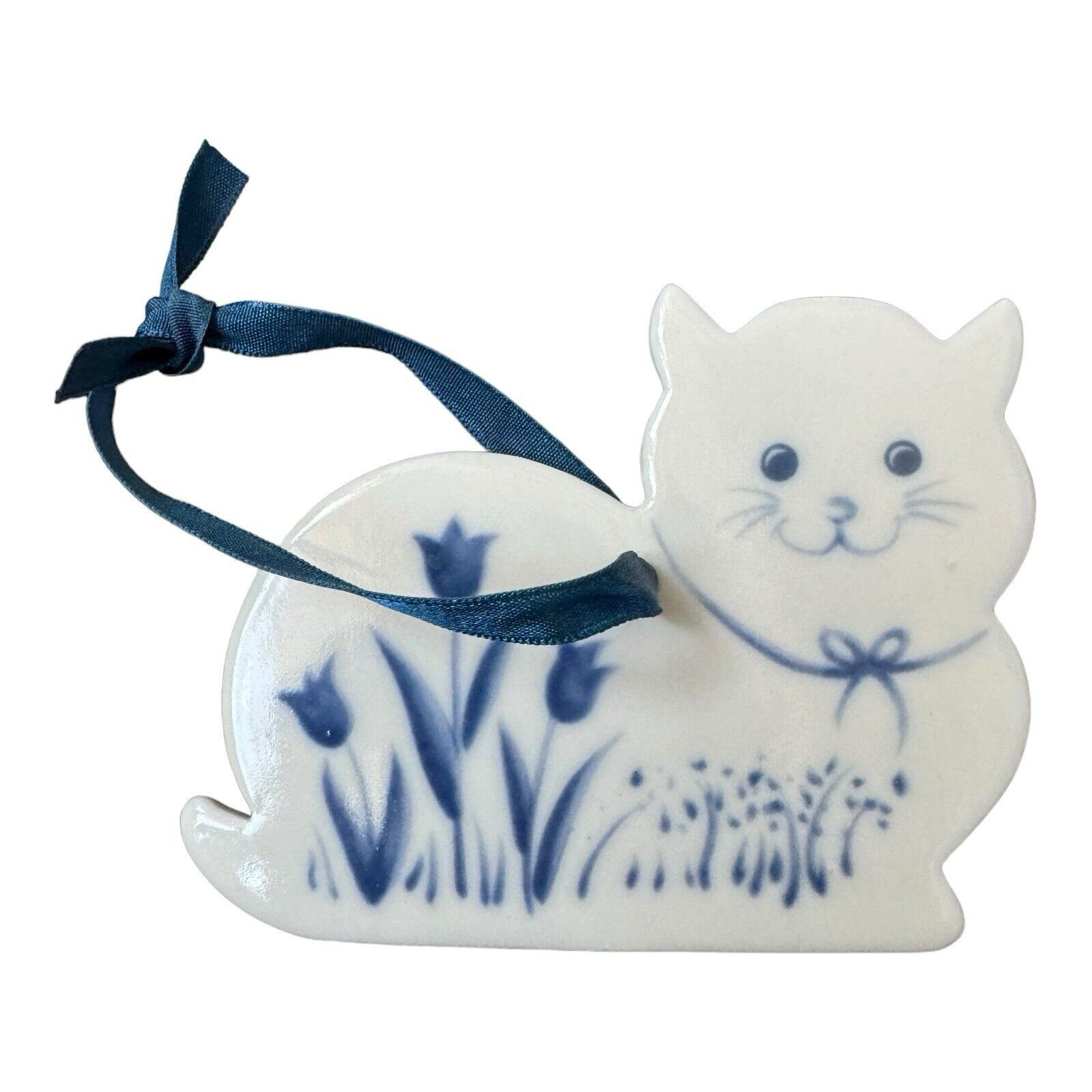 Vintage Russ Berrie Cat Figurine - Blue and White Ceramic with Ribbon 