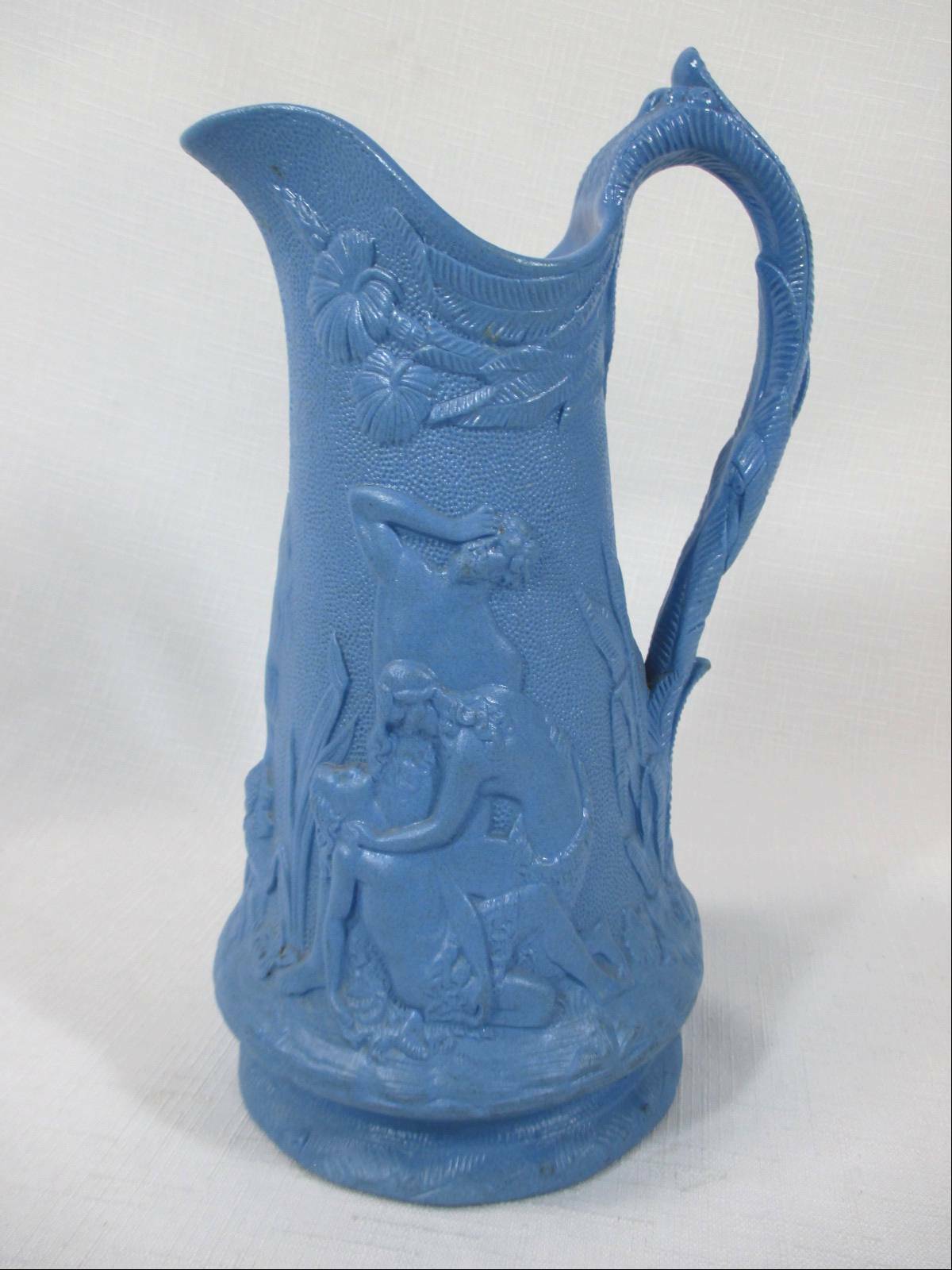 ENGLISH STAFFORDSHIRE MOLDED PITCHER / JUG CAIN & ABLE IN RICH BLUE