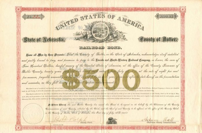 Lincoln and North=Western Railroad Co. - $500 - Bond - Railroad Bonds
