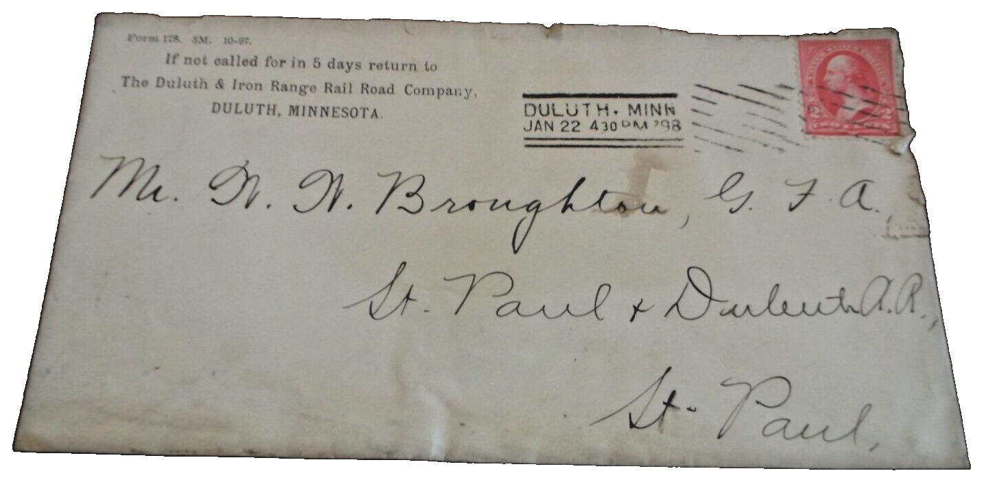 JANUARY 1898 DULUTH AND IRON RANGE USED COMPANY ENVELOPE DM&IR PREDECESSOR