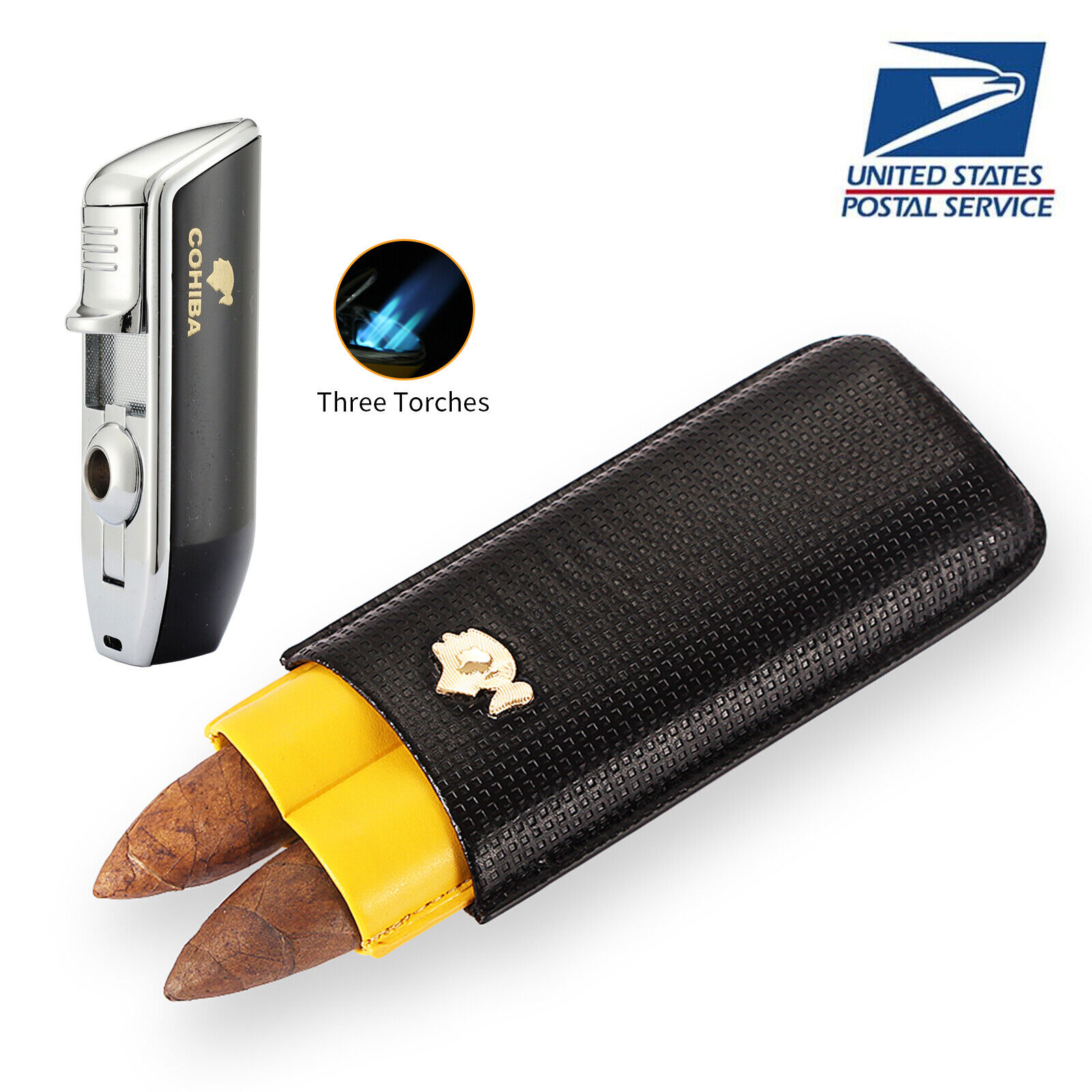 Black Travel Leather Cigar Case and Cigar Lighter W/ Hole Punch For Men 3 Jet