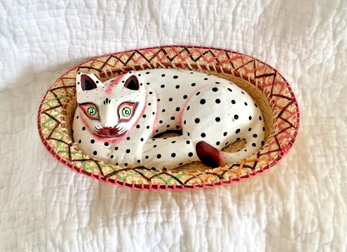 Vintage Balinese Handcrafted Folk Art Spotted Cat Curled in a Colorful Basket