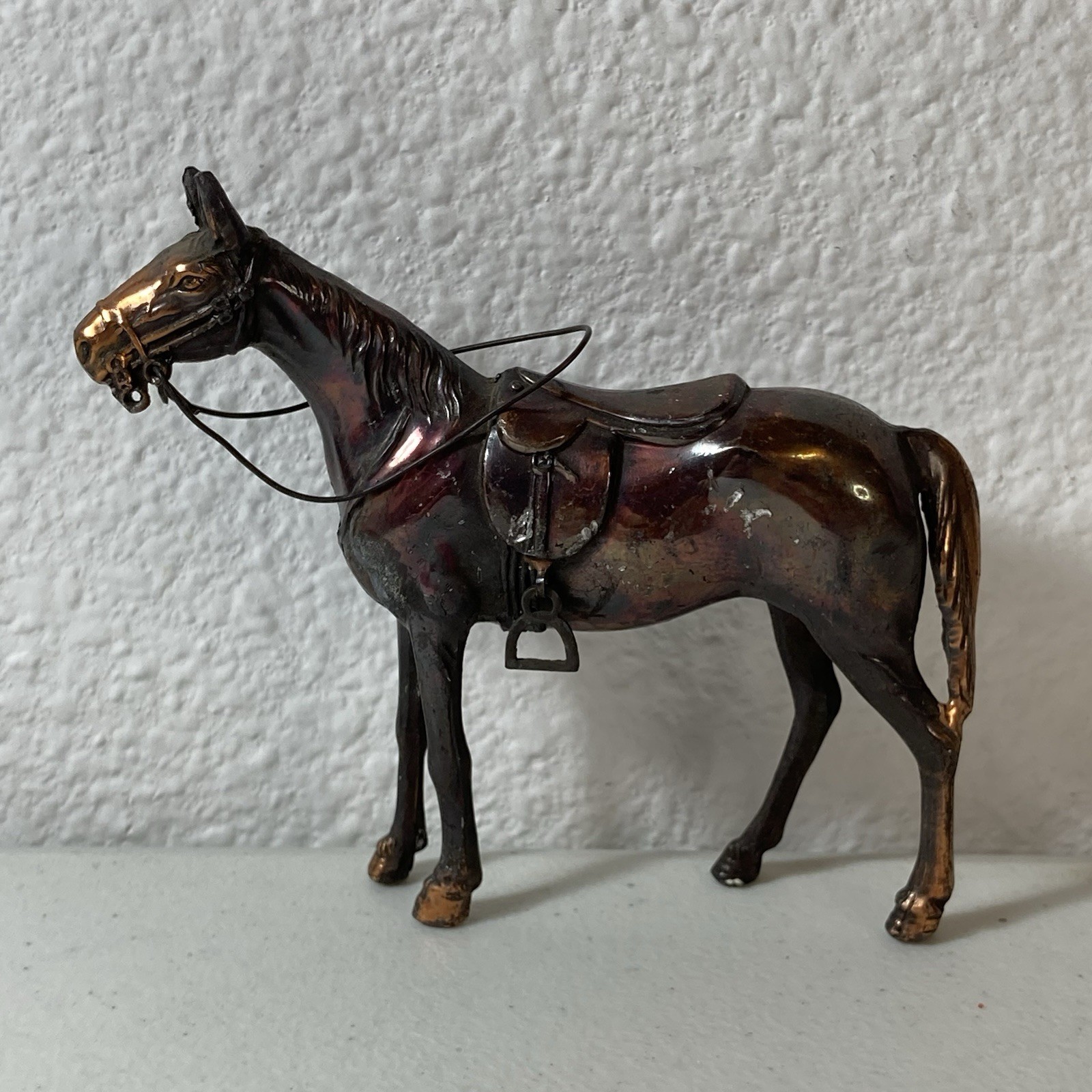 Vintage 3” Metal Horse Figurine W Wire Reins, Sculpted Saddle