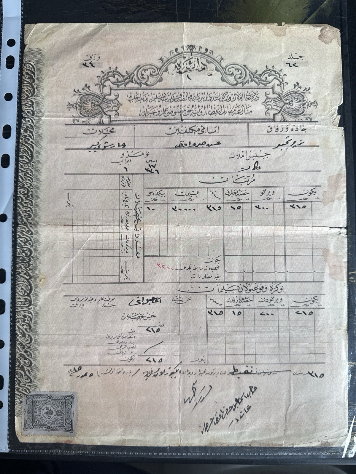 Ottoman Empire Ledger Document w/ Revenue Stamp Strip & Seals c.1905–1915