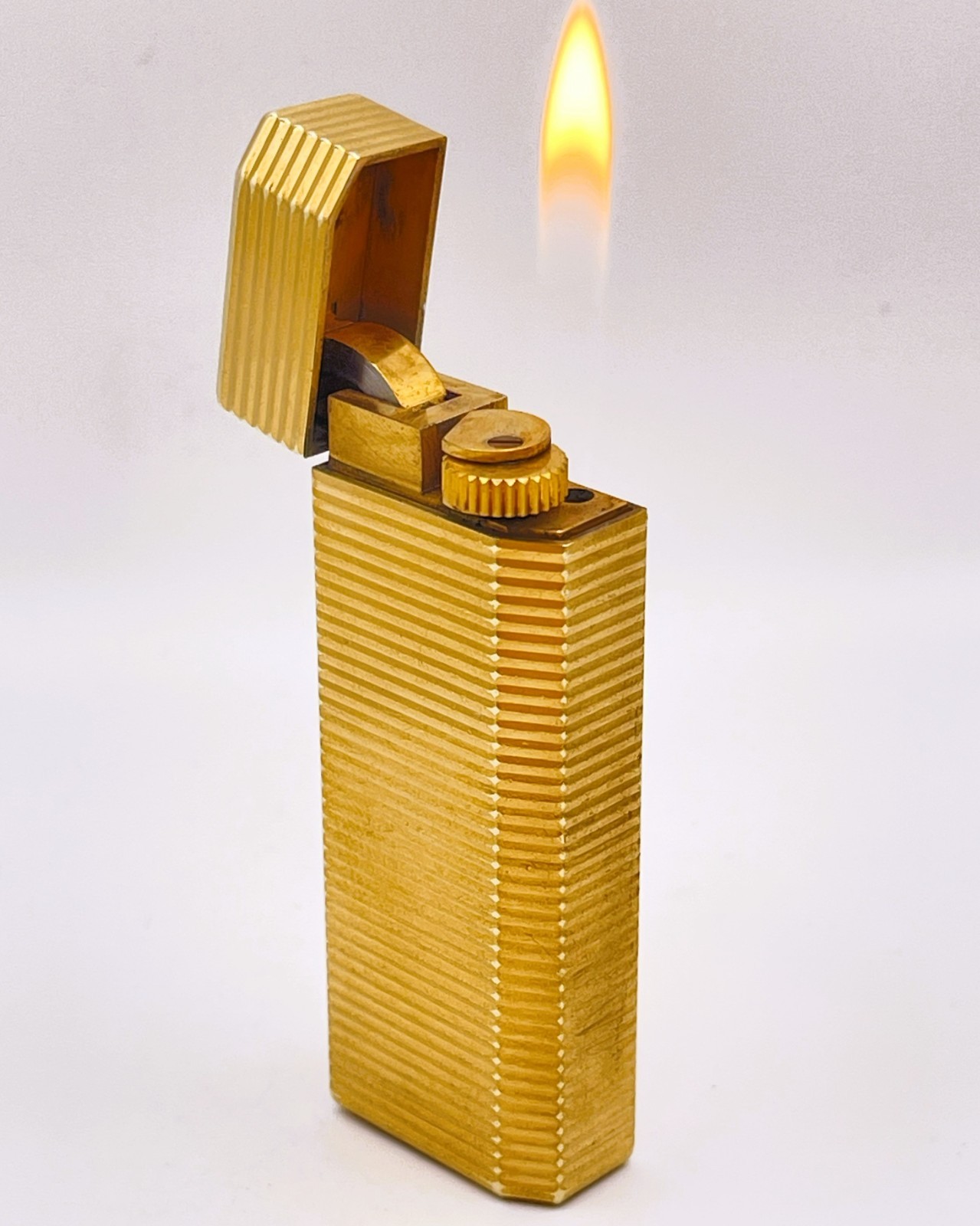 Cartier Vintage WORKING Pentagon Lighter Gold Horizontal Stripes w/Gold Trim 80s