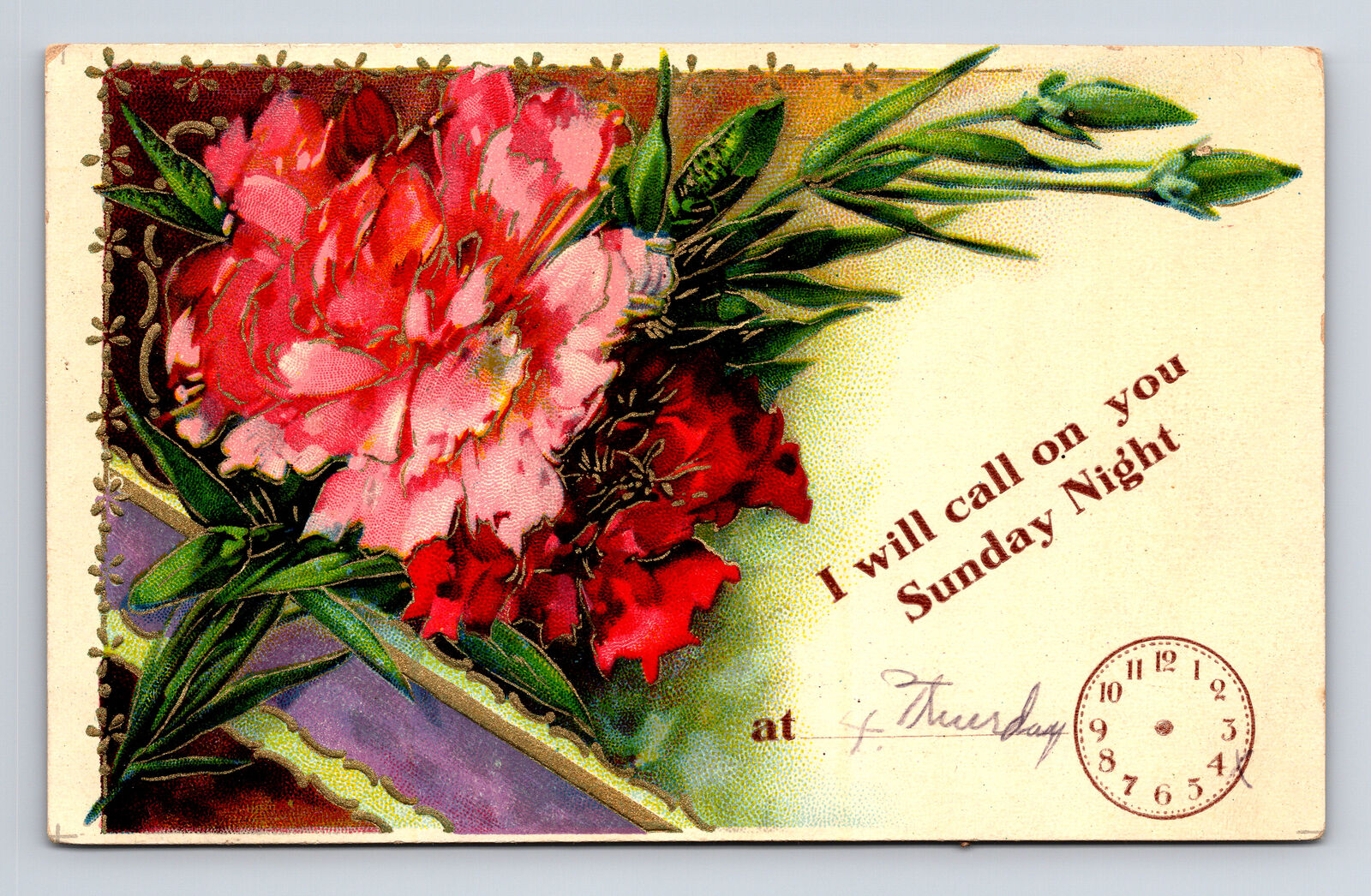 Day of the Week Appointment I Will Call You SUNDAY Carnation Flower Postcard