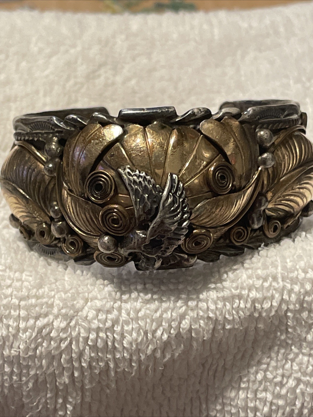 Vintage 1987 Allen Chee Navajo Sterling Gold Eagle Cuff Bracelet 58g EARLY MARK