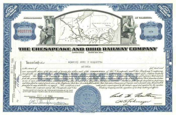 Chesapeake and Ohio Railway Co. - Very Rare Stock Certificate - Railroad Stocks