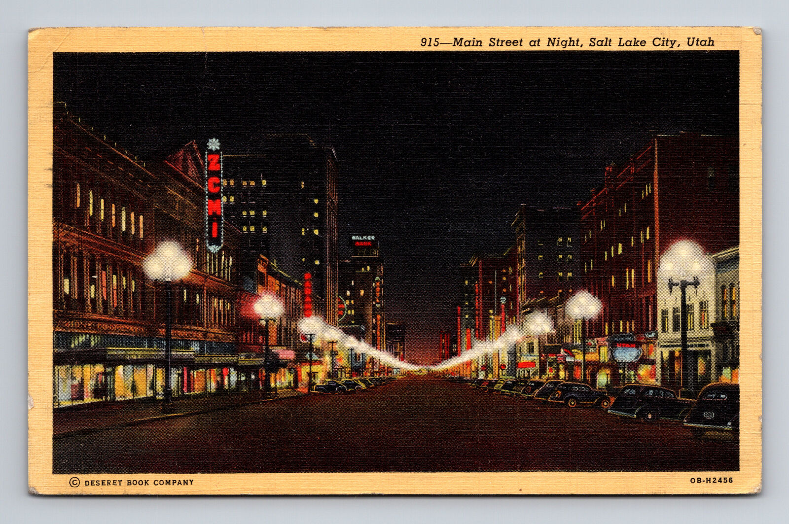 c1940 Linen Postcard Salt Lake City UT Main Street at Night Street View Cars