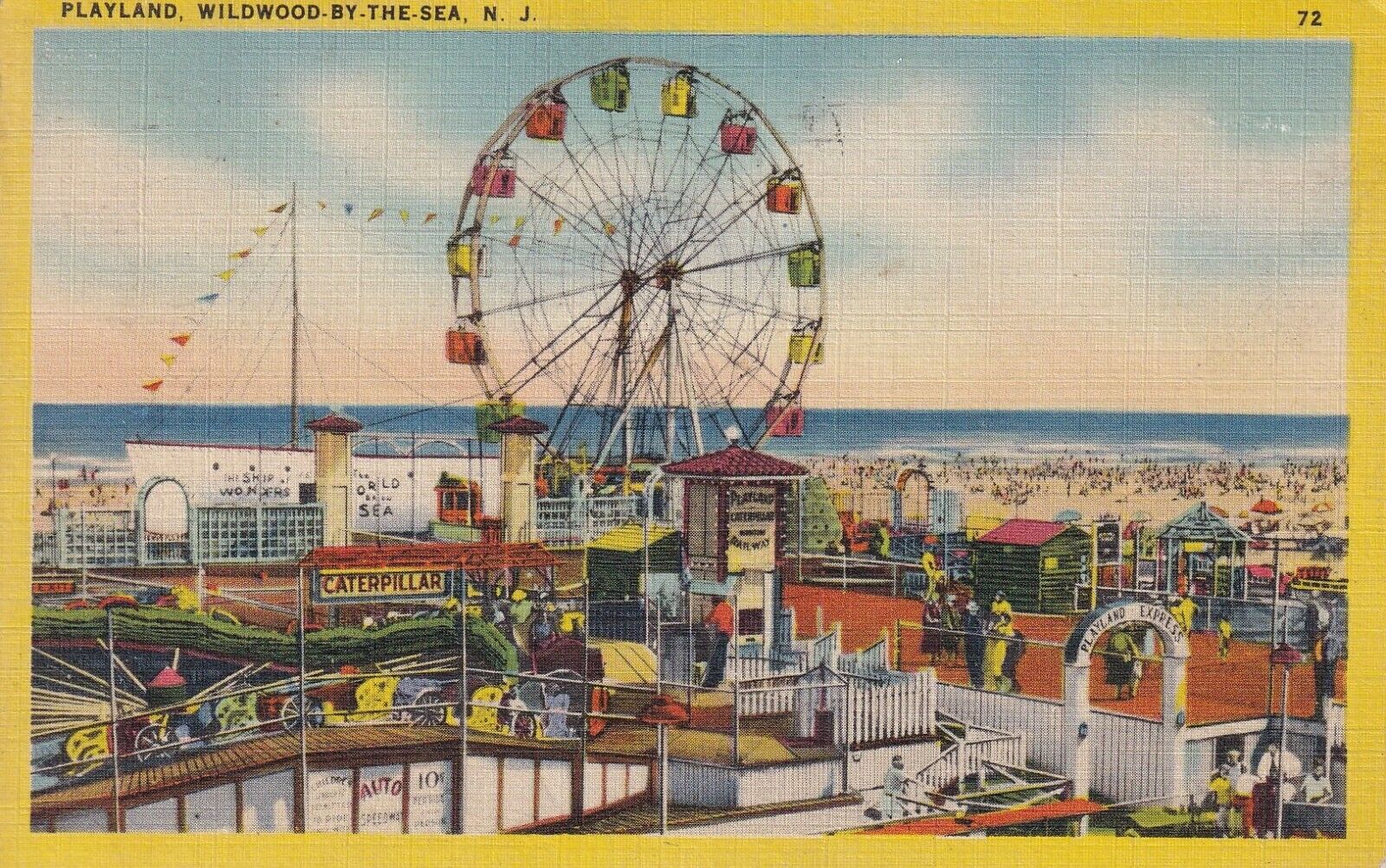 Original Vintage 1930-45 Wildwood by the Sea PC- Amusement Park- Ferris Wheel 