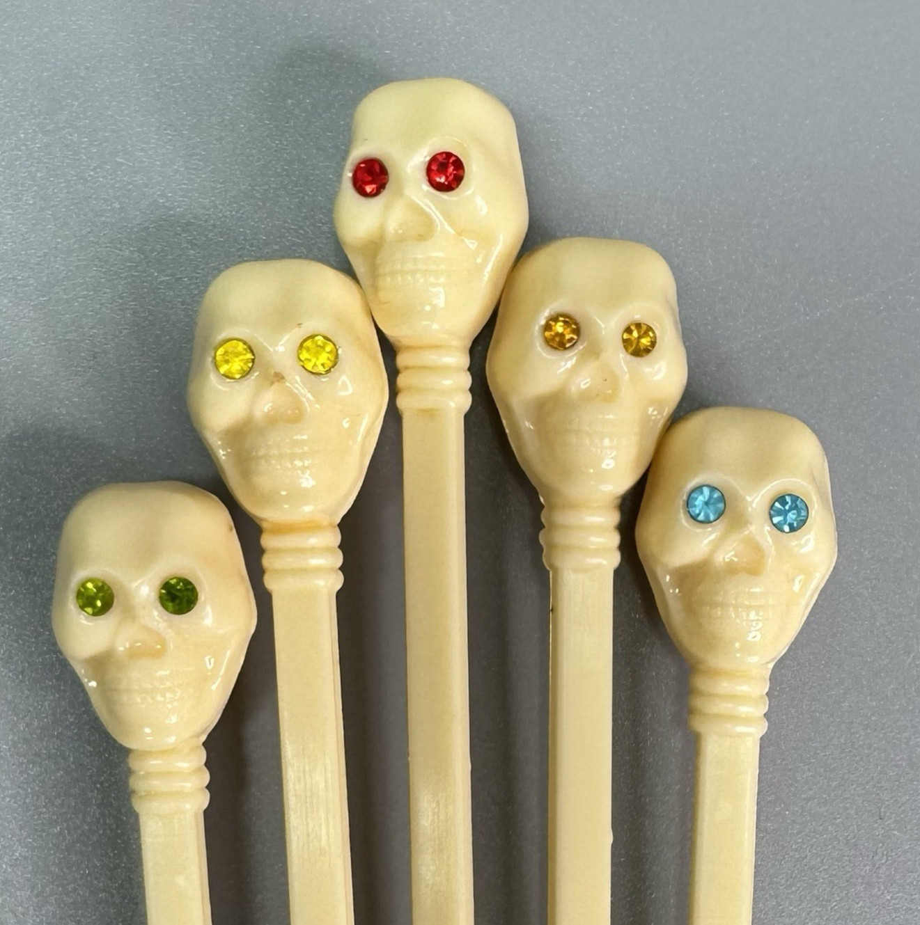 (5) Vtg GEORGE BRIARD Skull Stir Swizzle Stick Rhinestone Eyes Name Your Poison