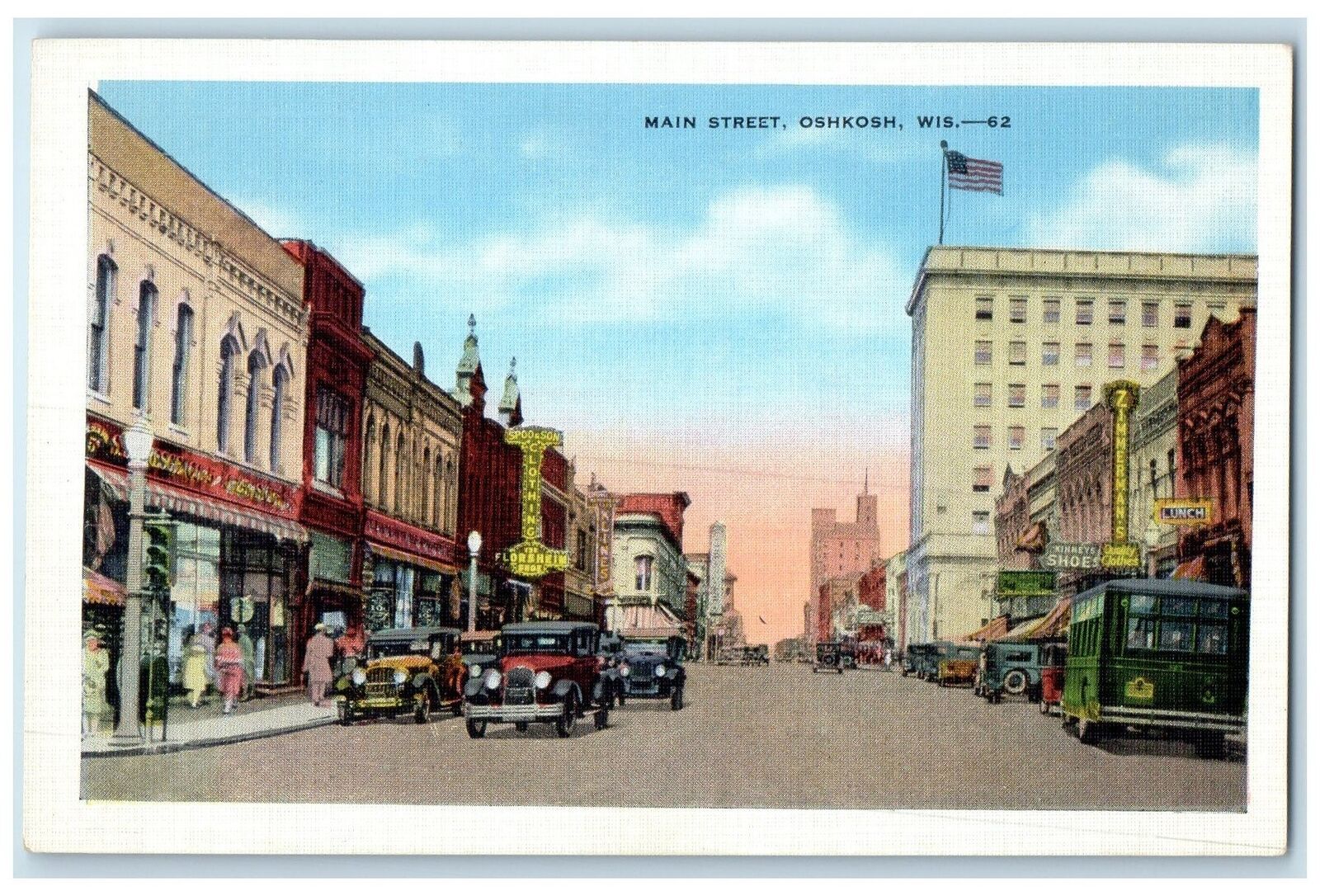 c1940's Main Street Classic Cars Establishments Road Oshkosh Wisconsin Postcard