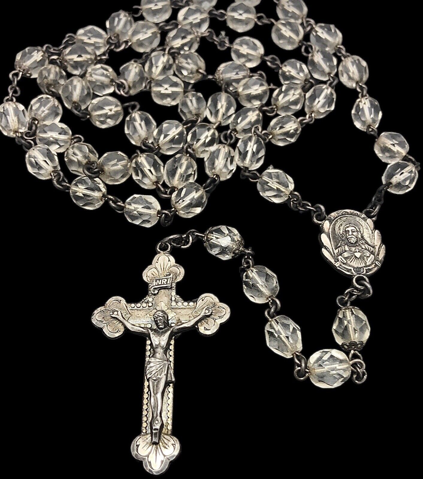 VINTAGE “CREED” STERLING SILVER AND Faceted CRYSTAL  33” ROSARY 51.2grams