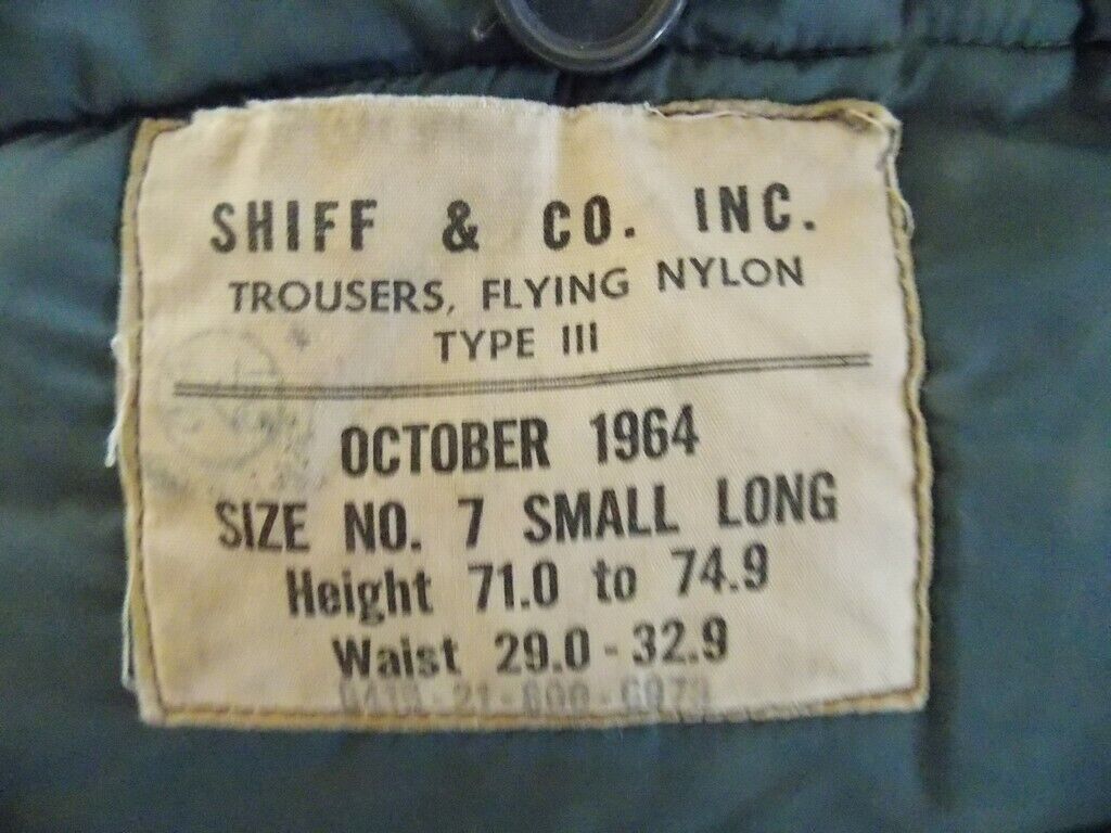 Shiff & Co. Inc. Military Flight Trousers Nylon Type III Gray Vintage 1964 EUC