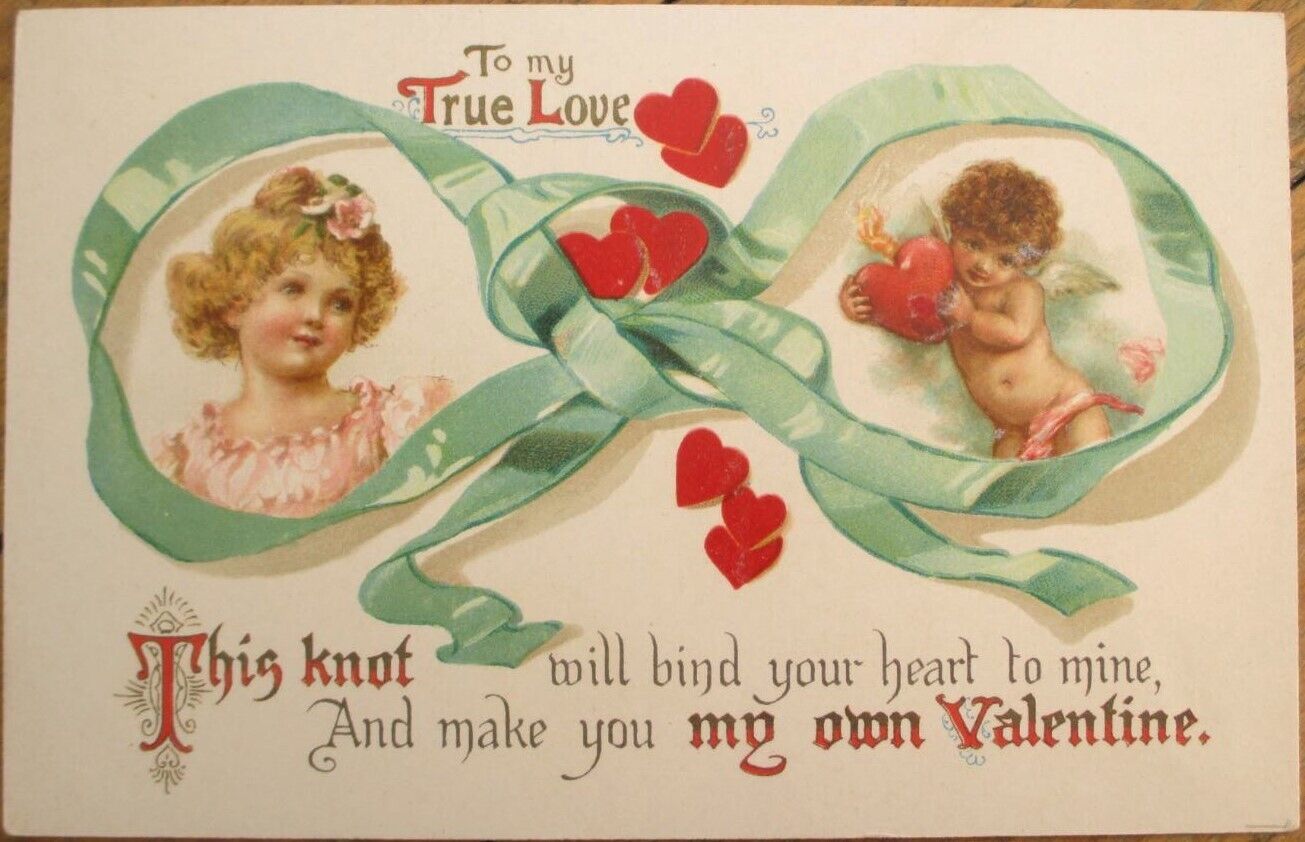 Valentine 1910 Postcard, Knot Binding Heart, Cupid, Little Girl, Color Litho