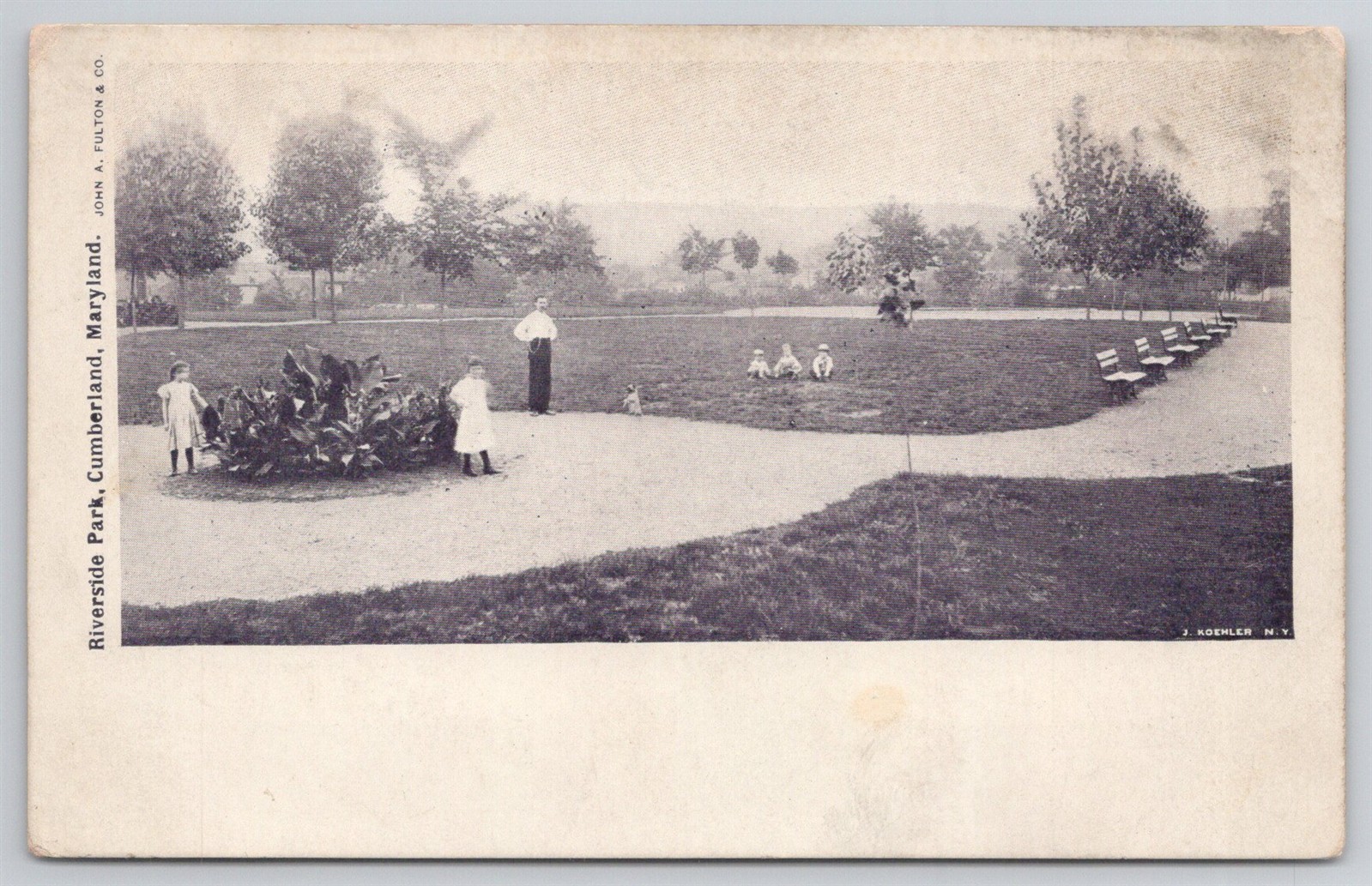 Riverside Park Benches Man Girls Little Boys Cumberland MD C1906 Postcard AK5