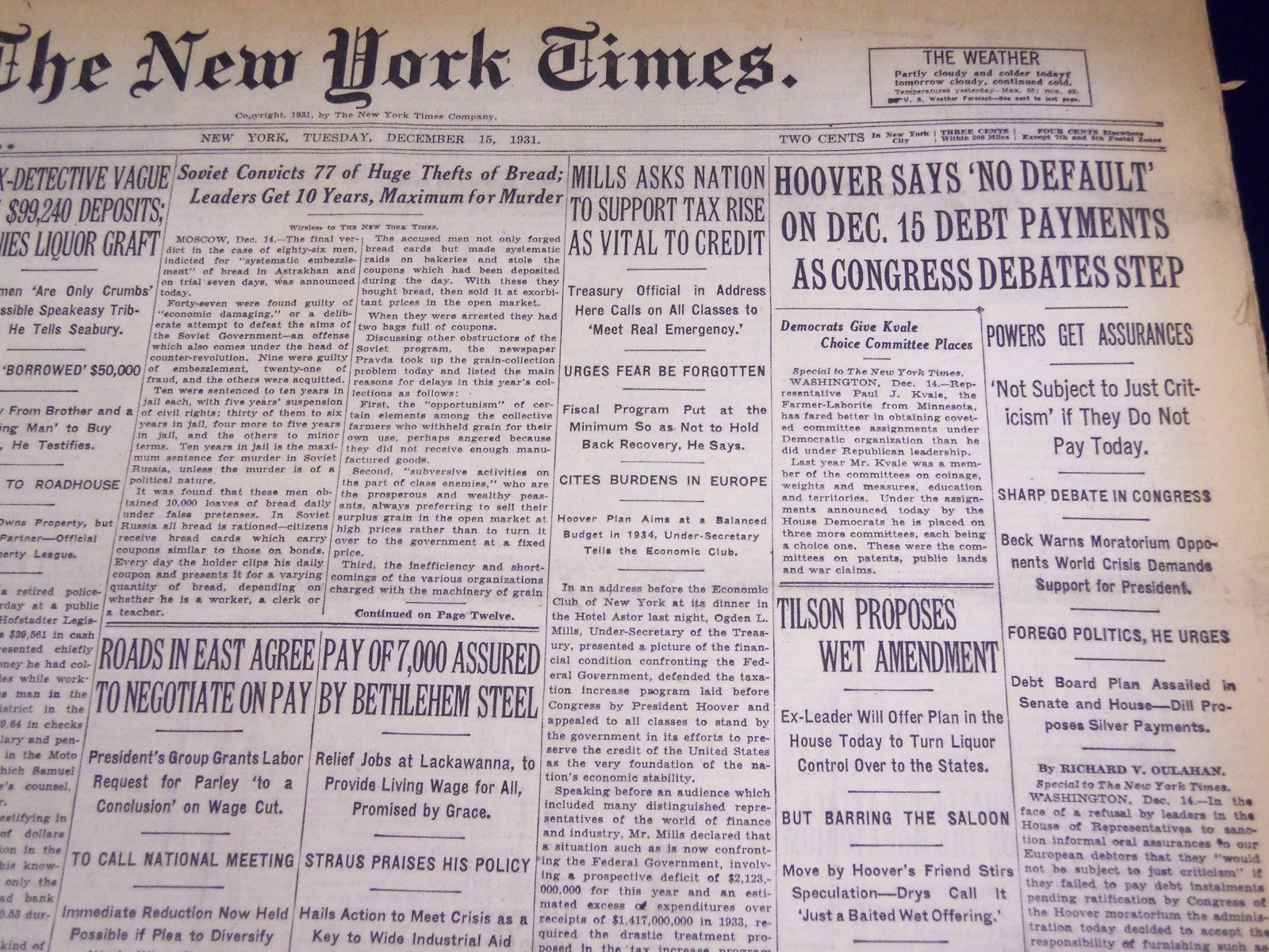 1931 DECEMBER 15 NEW YORK TIMES - TILSON PROPOSES WET AMENDMENT - NT 2175 1931 DECEMBER 15 NEW YORK TIMES - TILSON PROPOSES WET AMENDMENT - NT 2175