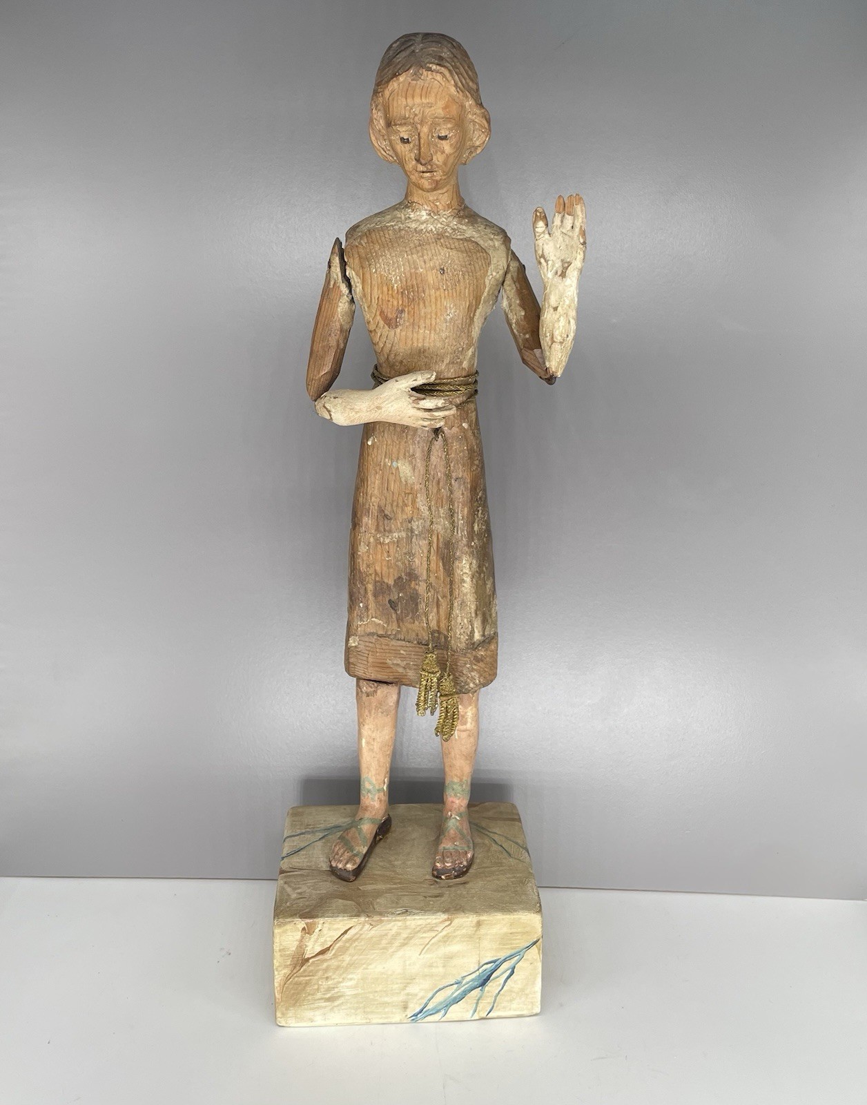 19th Century Santo Wood Carved Spanish Folk Art Articulated Arms On Base Antique