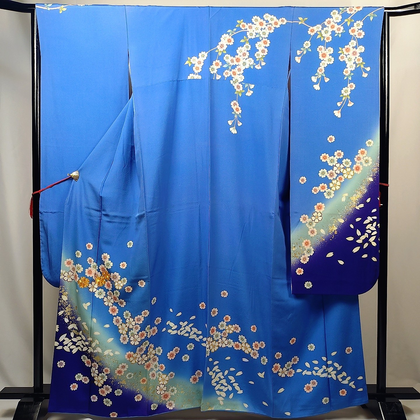 Vintage Japanese Silk Furisode Kimono – Blue & Purple with Cherry Blossom Rain