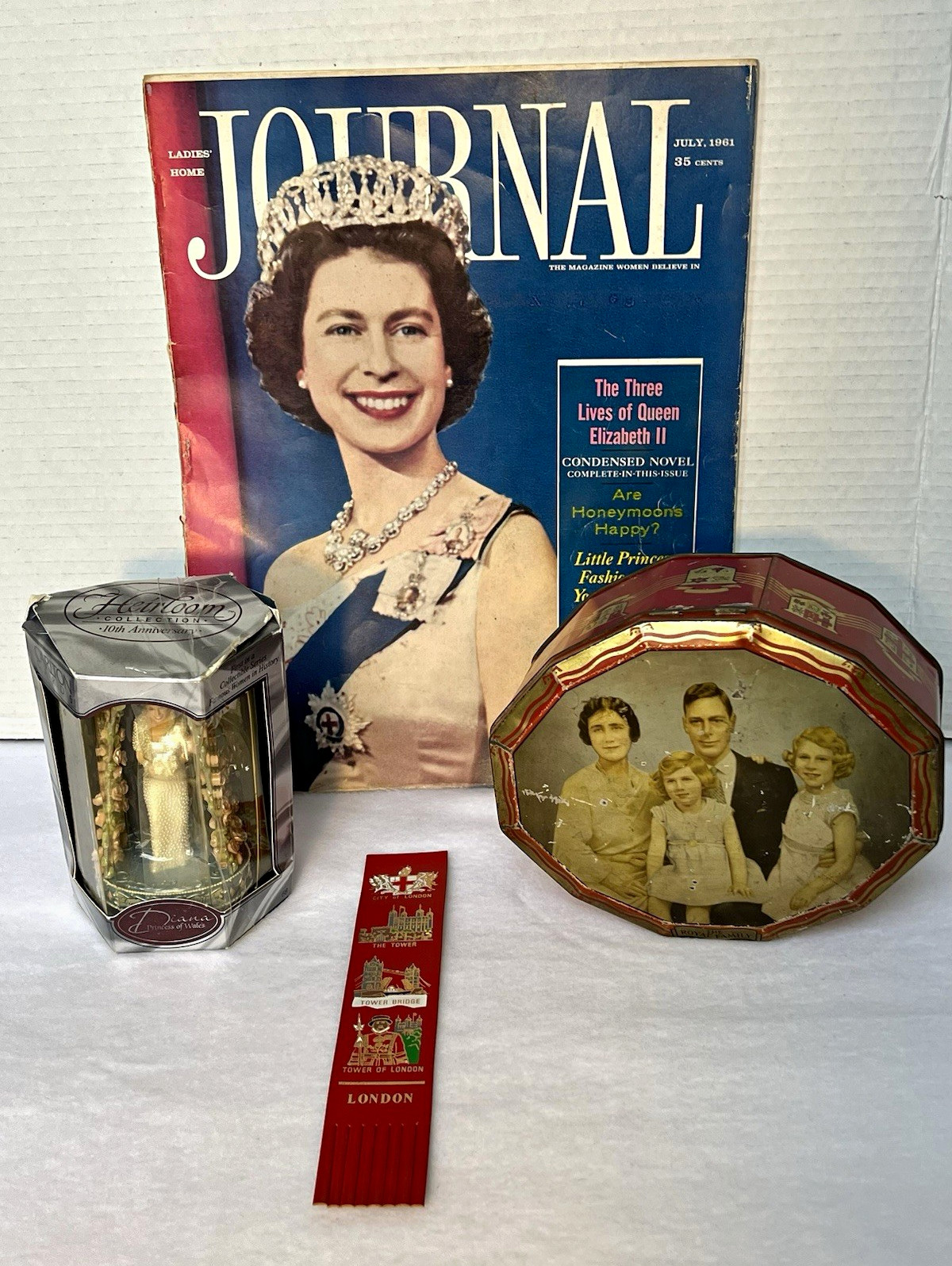 British Royals Lot Vtg 4 Collectibles LHJ George VI Tin Diana Ornament Bookmark 