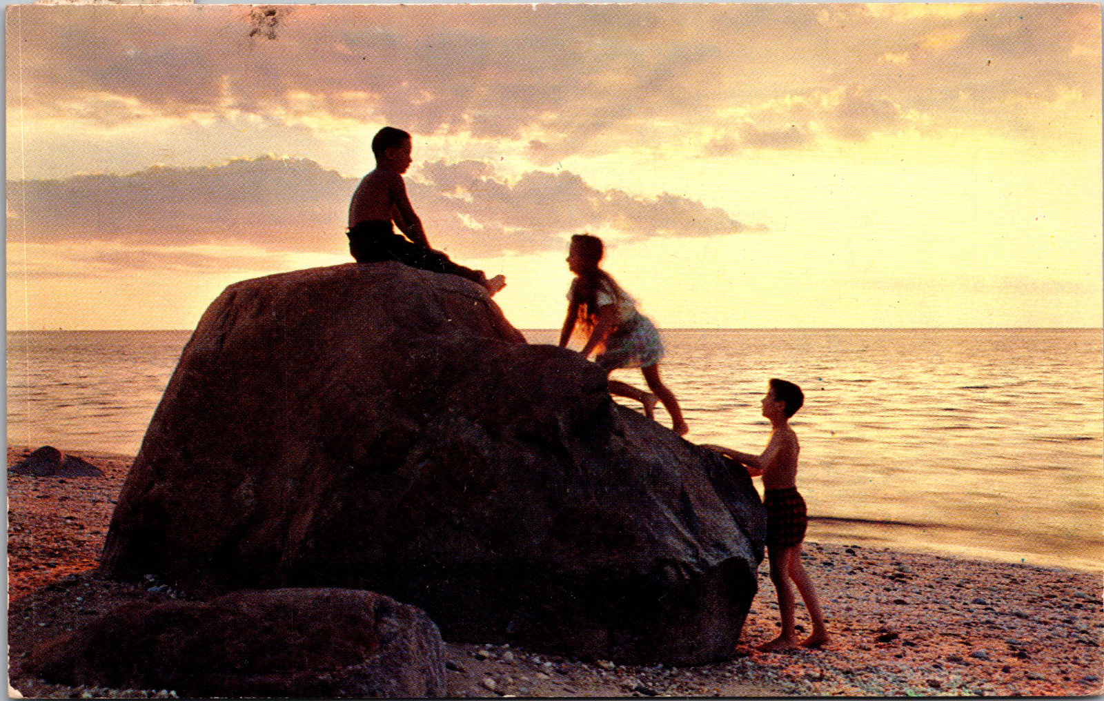  Vintage 1952 Children Playing on Beach Long Island Sunset New York NY Postcard