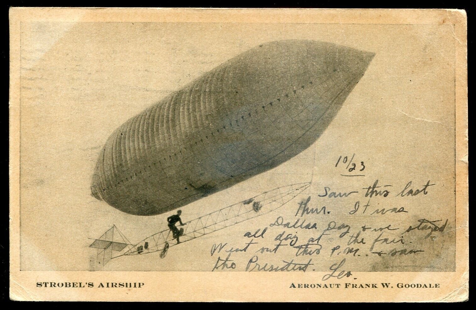 STROBEL'S AIRSHIP Postcard 1909 Dirigible Aeronaut Frank W. Goodale