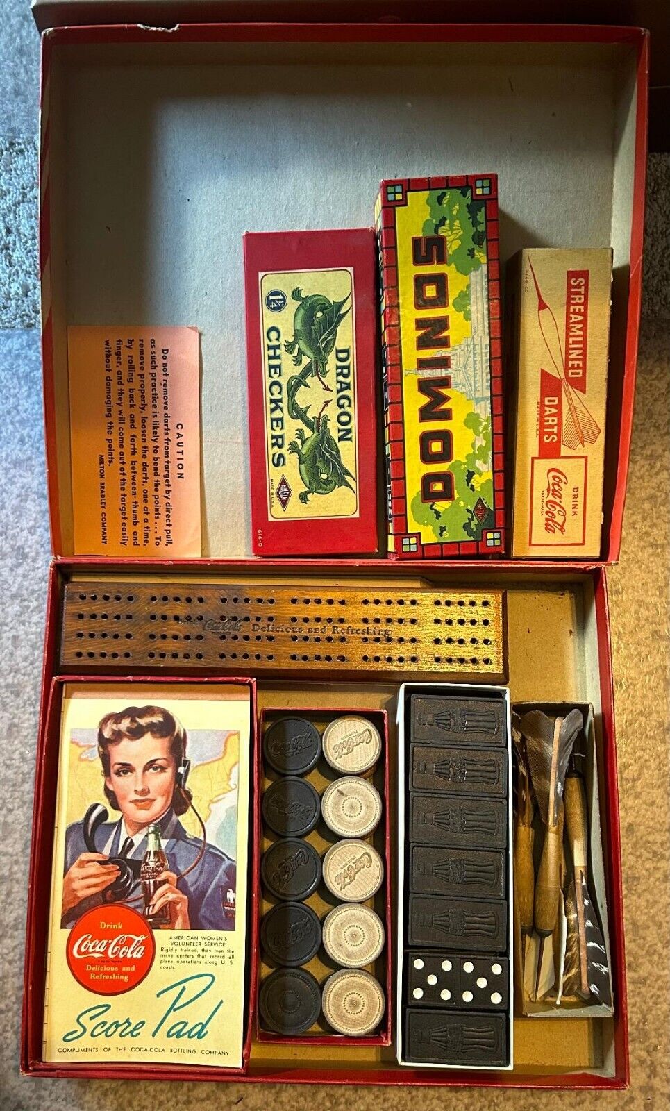 Rare WW2 Coca Cola MBradley Game Set -  Darts, Checkers, Cribbage, Dominoes