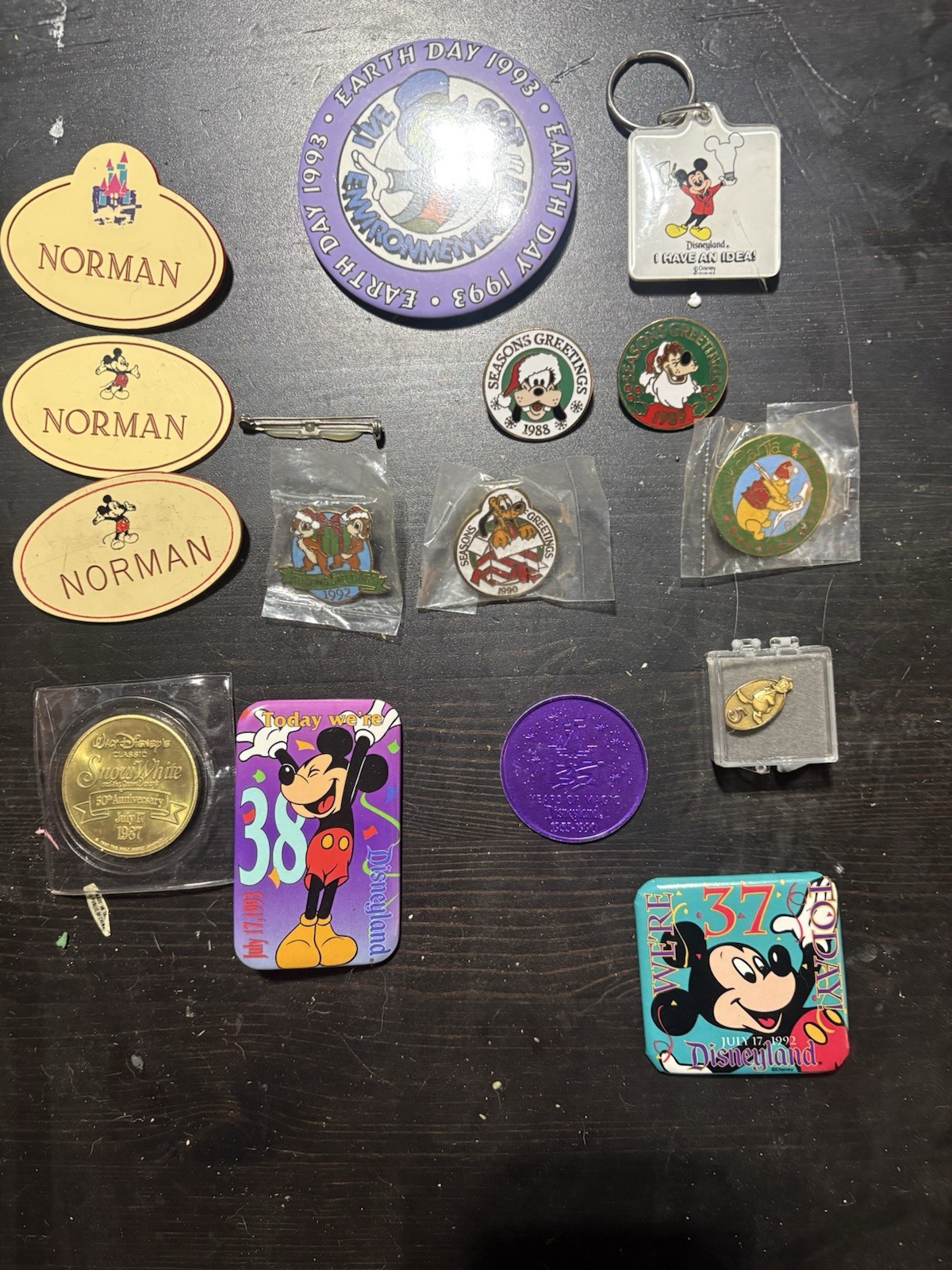 Vintage Disneyland Cast Member Lot Norman Name Tag Holiday Pins 1987-1993 Coin