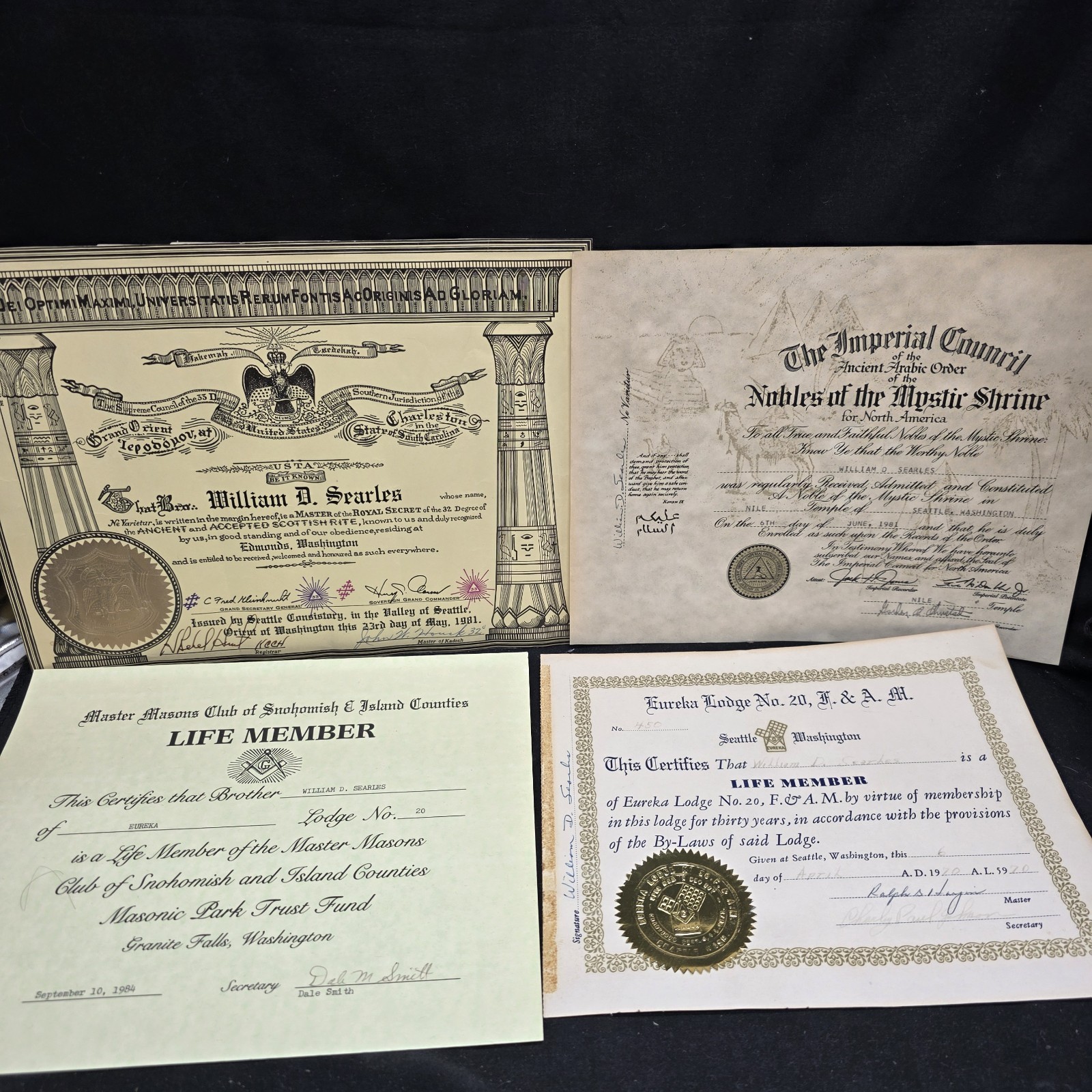 William D Searles Masonic Archive 4 Certificates Scottish Rite Shriners Seattle 