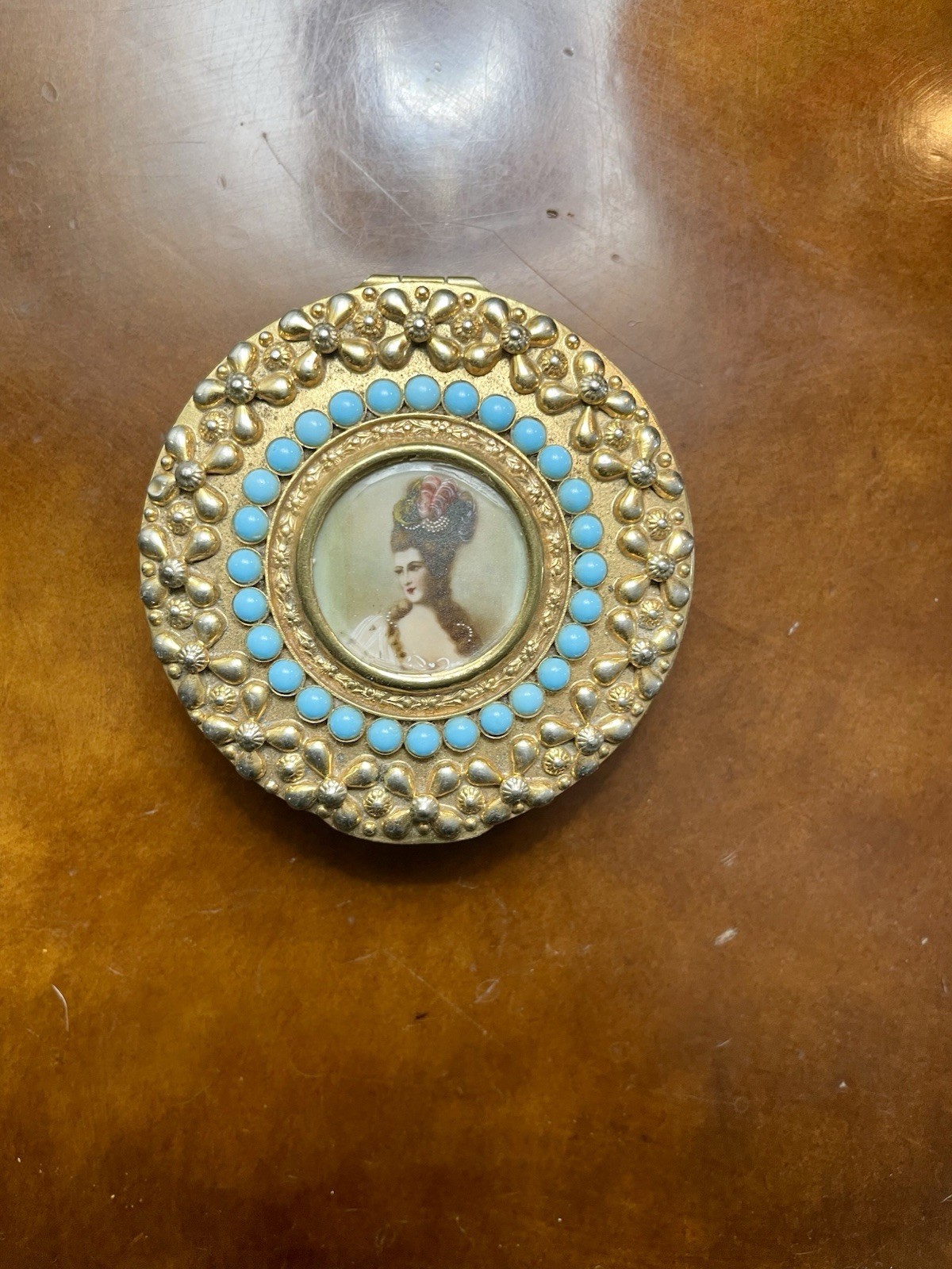 Vintage Made Austria Jeweled Portrait Powder Compact Turquoise Glass Floral