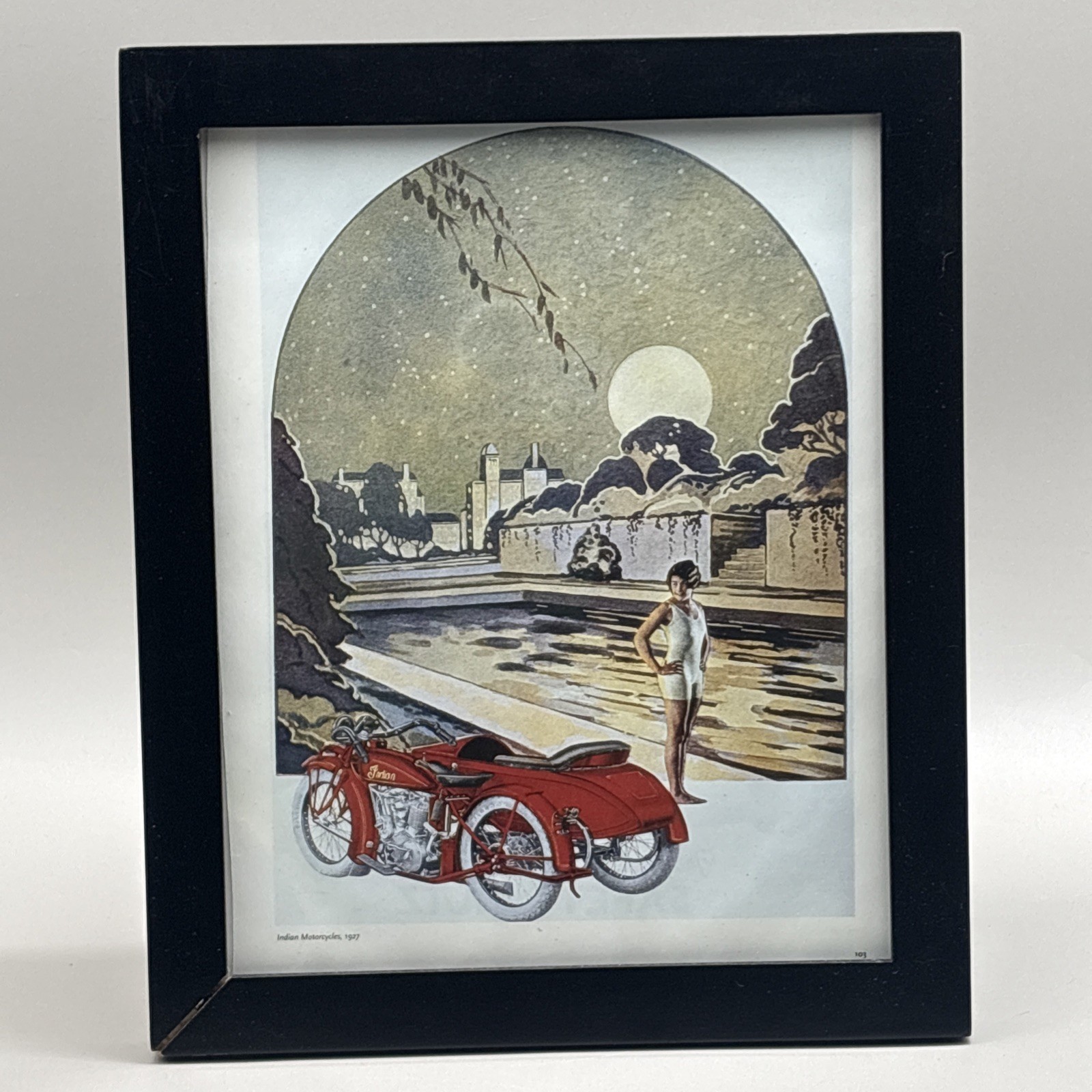 1927 Double Sided Art Deco Print Indian Motorcycle Flapper / Safety Stutz Car
