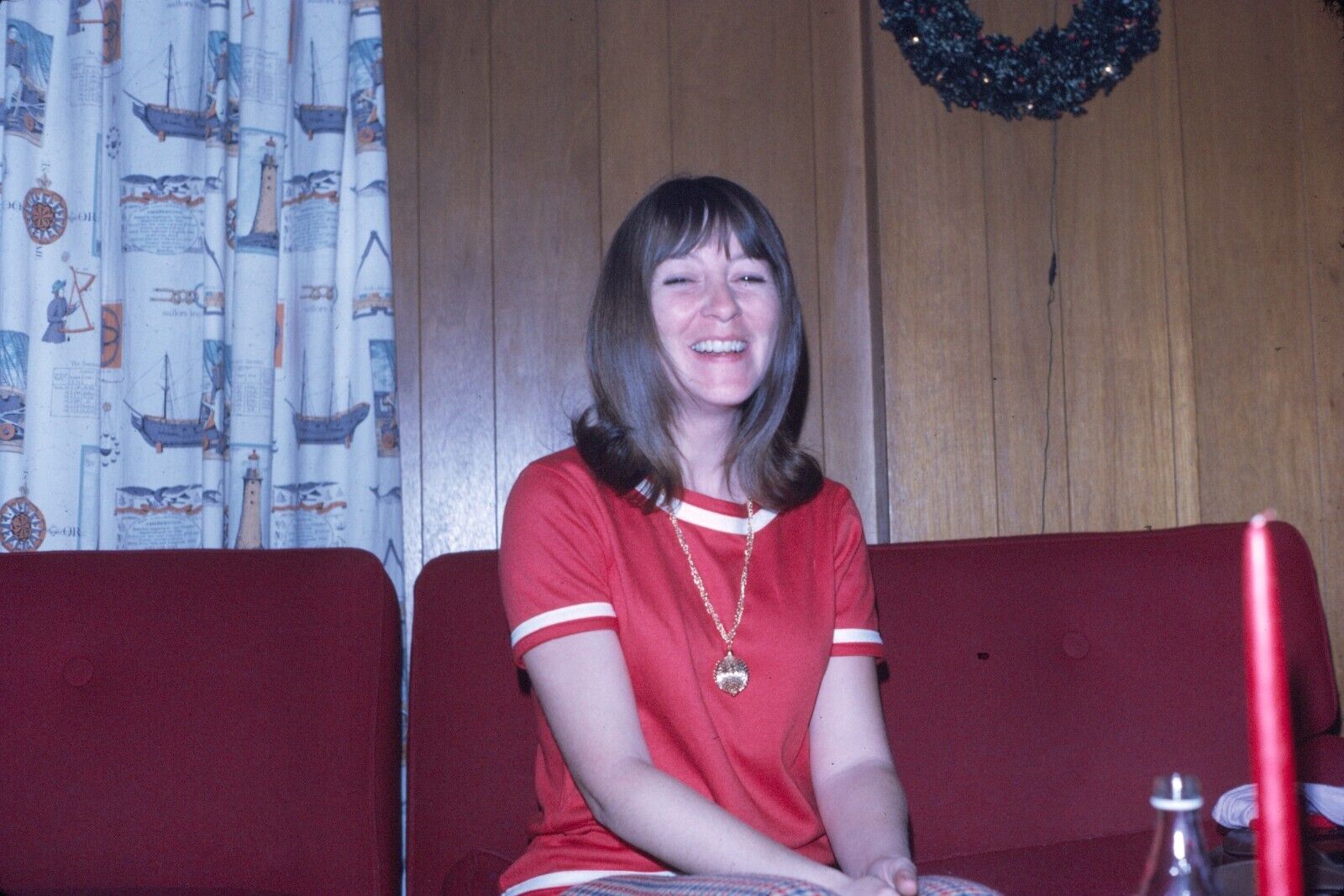 1972 Young Woman Smiling on Couch #3 Vintage 35mm Slide