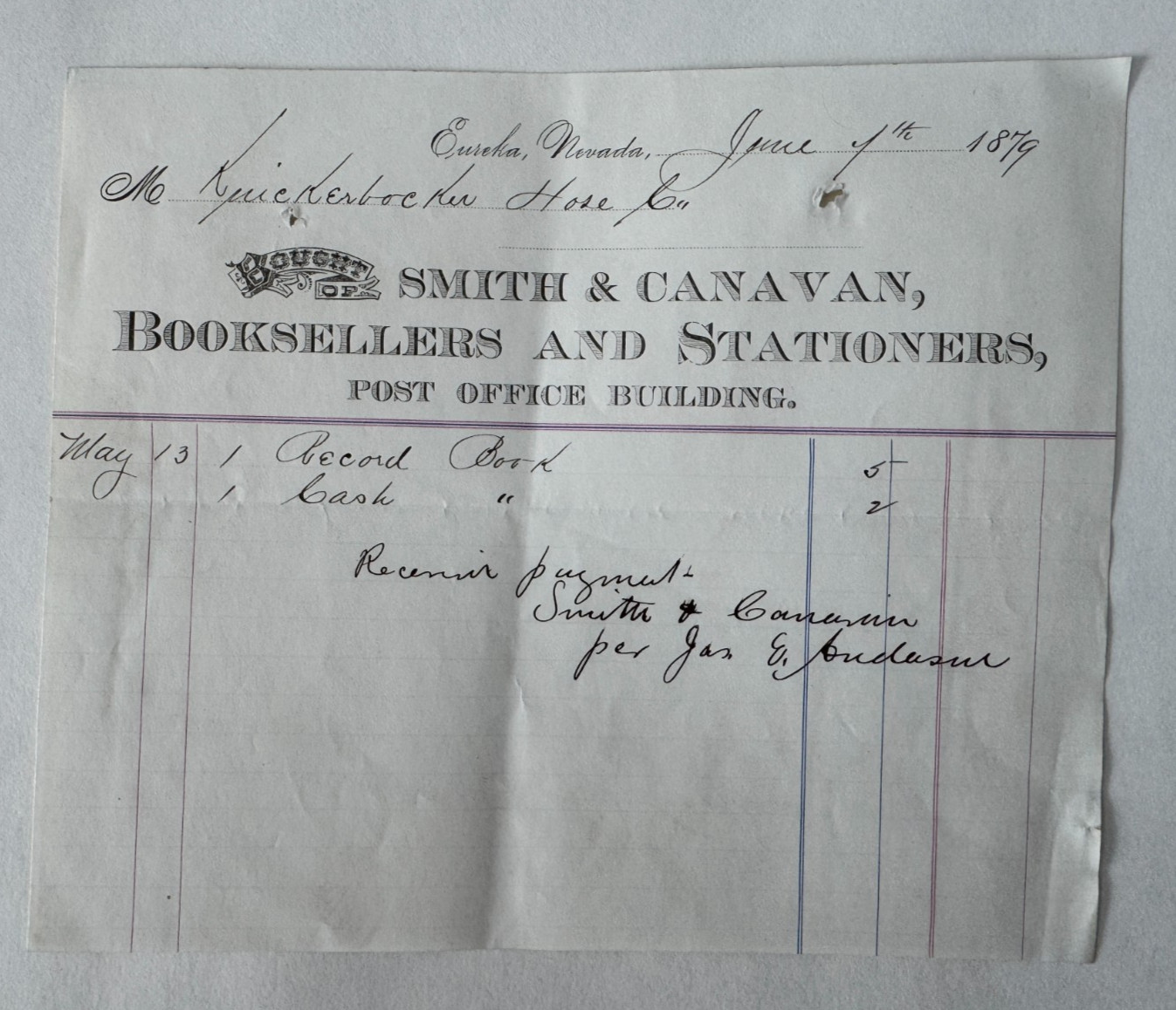 Vintage 1879 Billhead Eureka Nevada Smith & Canavan Booksellers and Stationers
