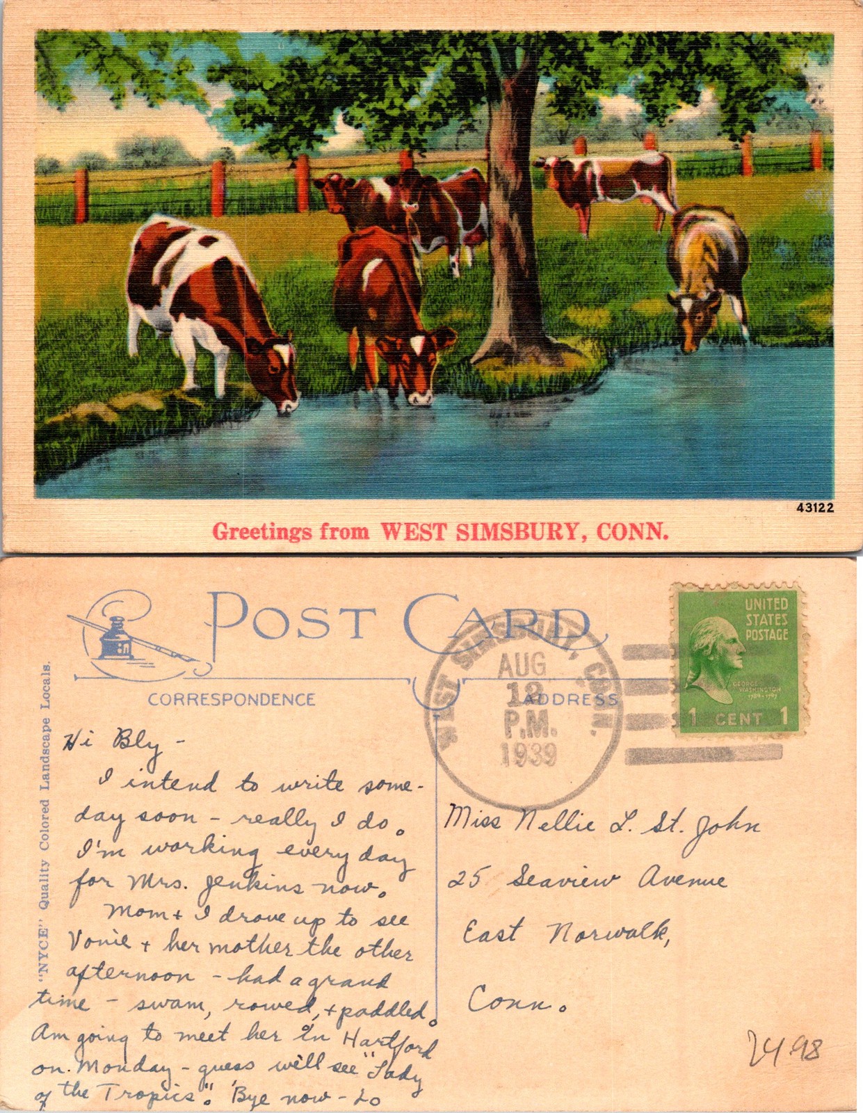 West Simsbury CT Greetings from West Simsbury Cows Drinking Water Postcard 72243