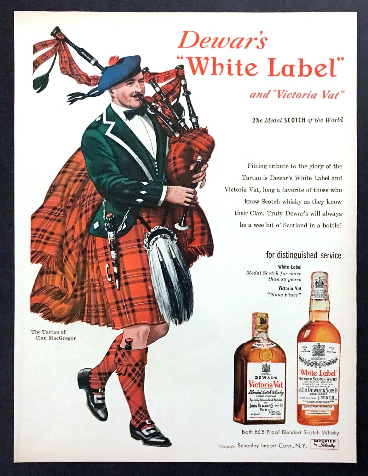 1951 Clan MacGregor Tartan Bagpipe Player  art Dewar\'s Whisky vintage print ad