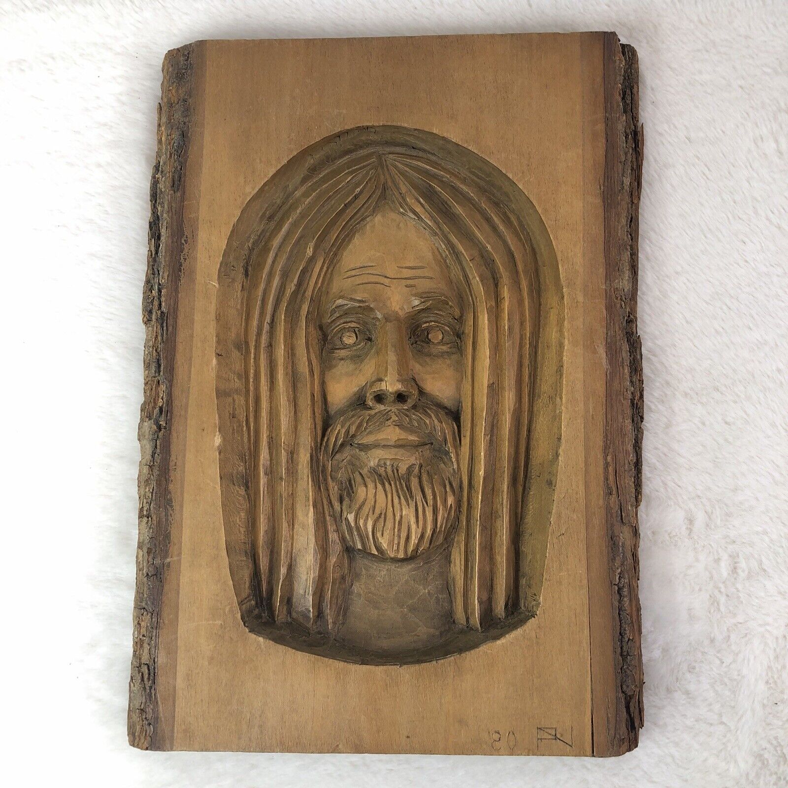 Vintage 1980 Folk Art Jesus Wood Hand Carved Relief  Carving Wooden Plank Plaque