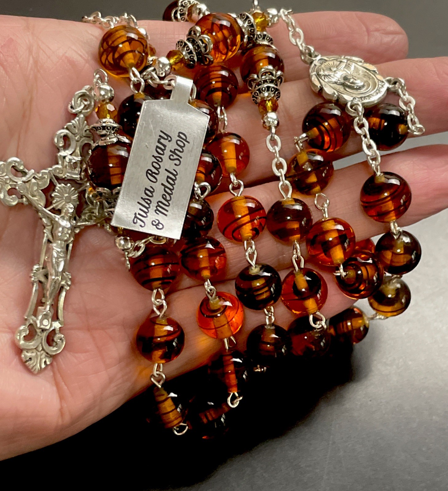 Catholic Sterling Silver &  10mm Amber Glass 29” XL Rosary + Tag