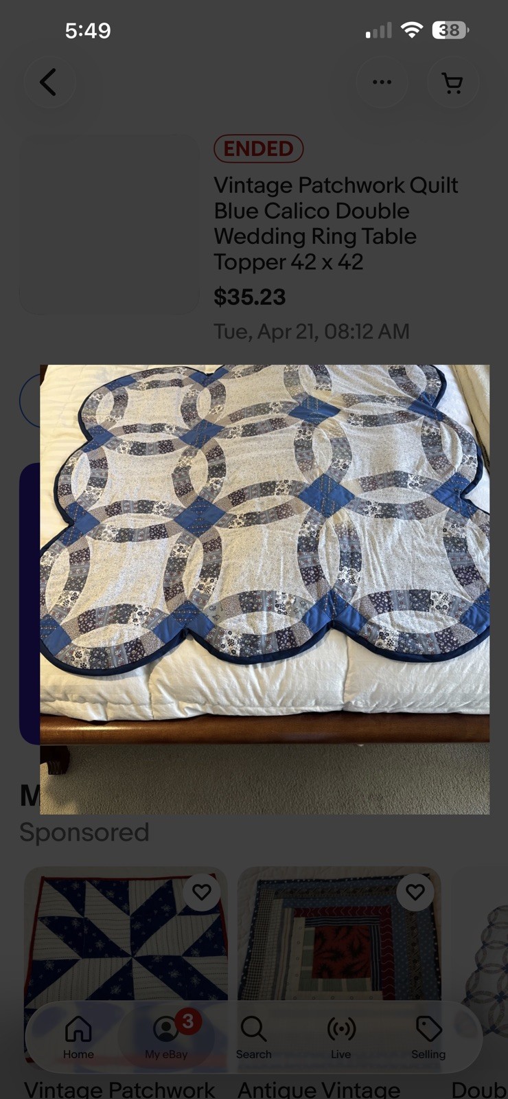 Vintage Patchwork  Blue Calico Double Wedding Ring Table Topper 42 x 42