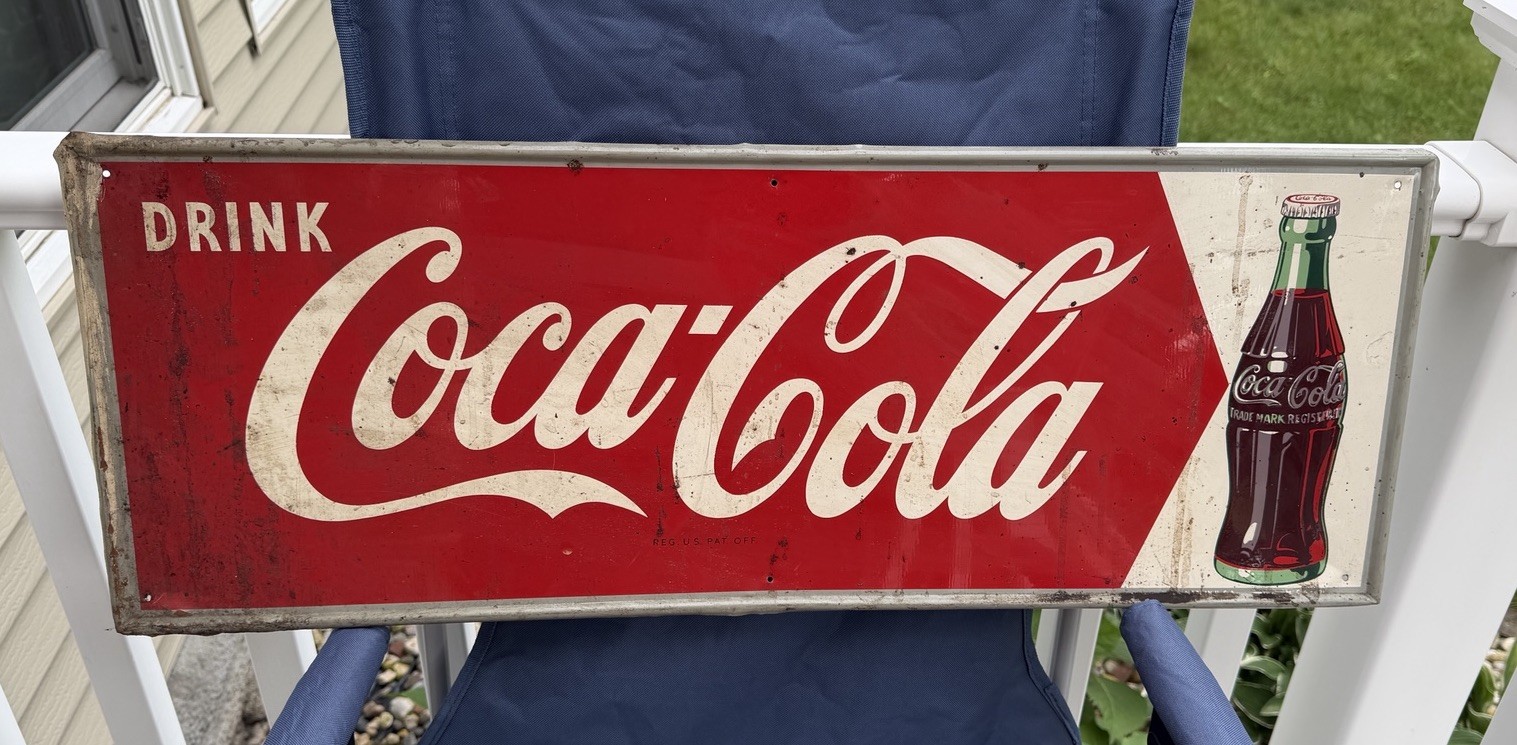 Vintage 1960’s Drink Coca Cola Bottle Tin Metal Advertising Sign Retro 31.75”