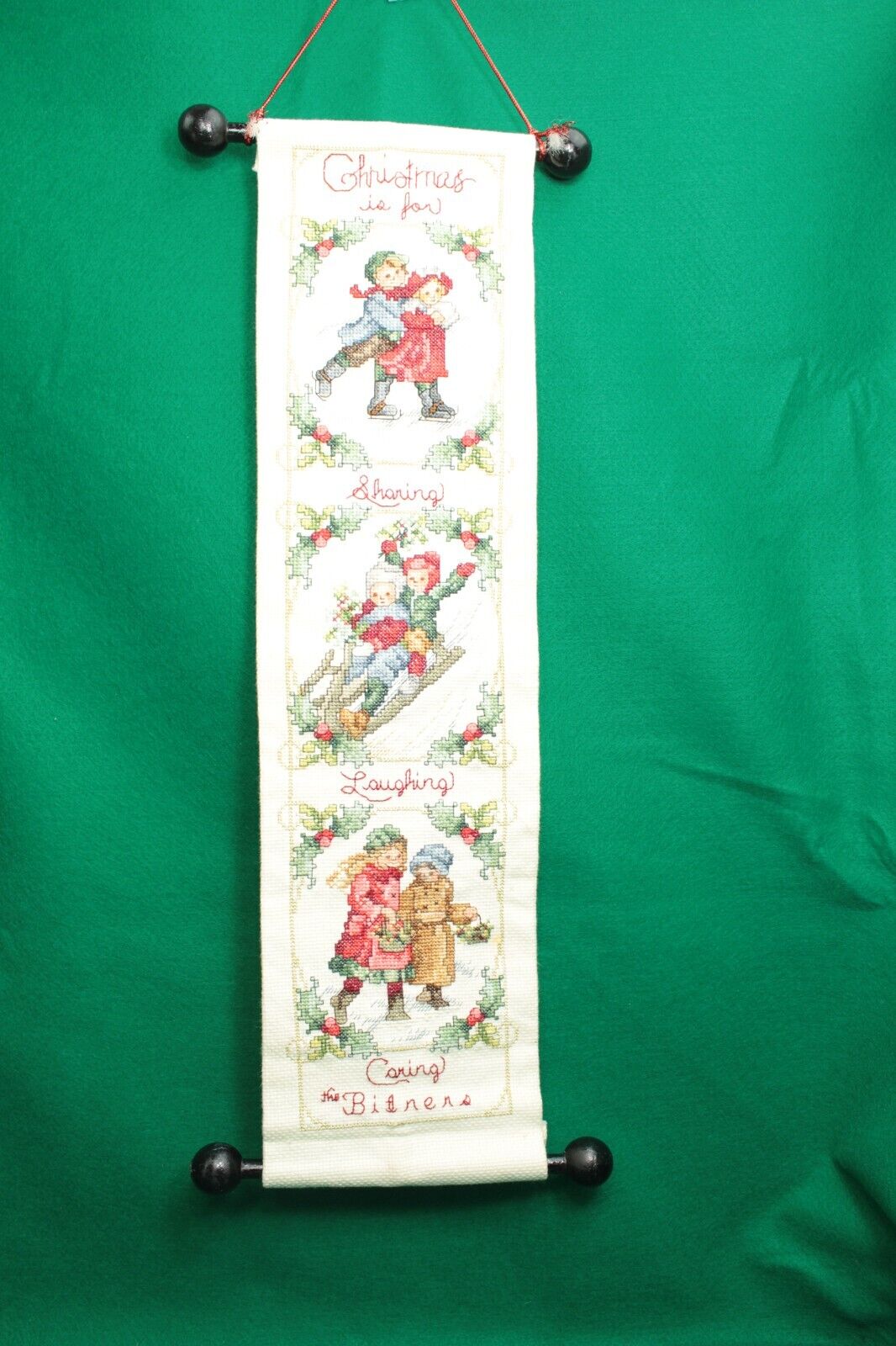 Vintage Completed Christmas Cross Stitch Bell Pull with Hardware 5.5\