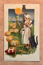 Antique Halloween Postcard 1913 John Winsch Black Cat #504 JOL FULL MOON picture